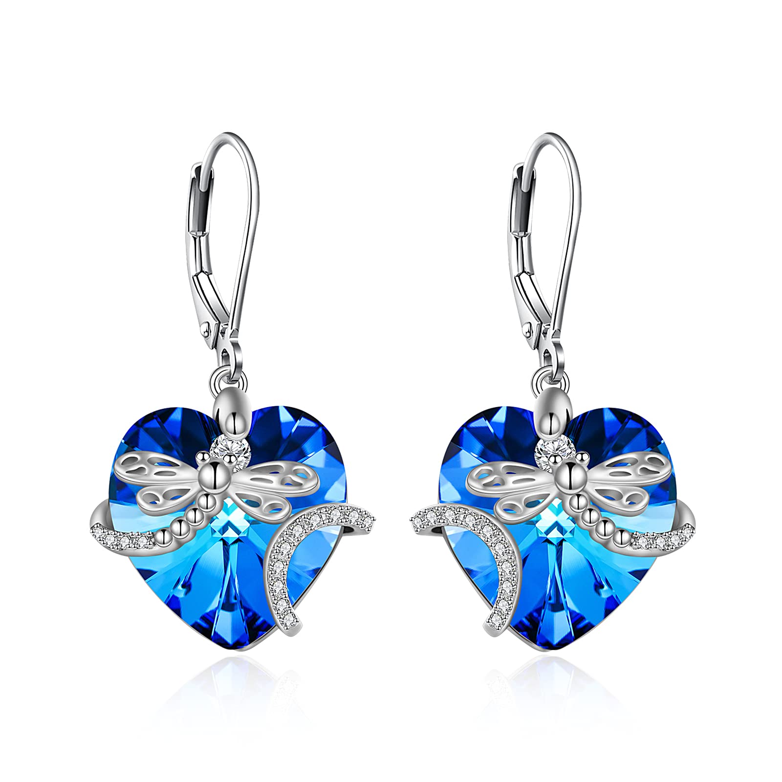 Turquoise Dragonfly Earrings Sterling Silver Heart Dangle with Crystal Drop - Elegant Birthday Jewelry Gifts for Women - Perfect for Parties, Weddings & Special Occasions