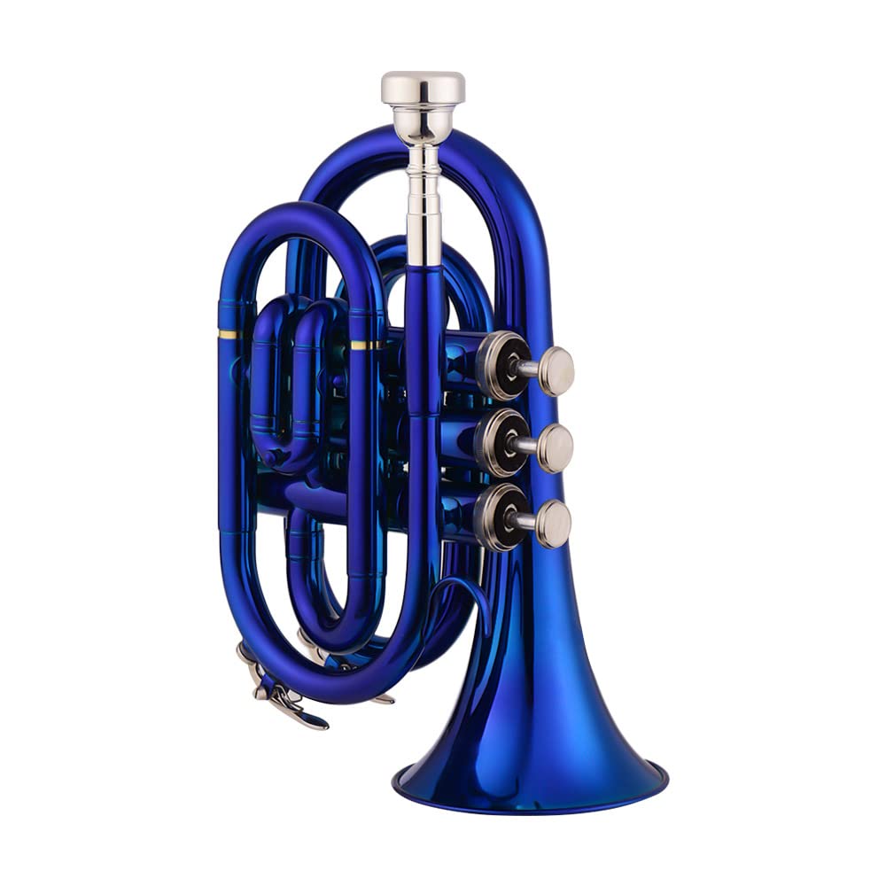 HXBER Mini Pocket Trumpet Bb Flat - Professional Brass Wind Instrument with Mouthpiece, Gloves, Cleaning Cloth & Carrying Case - Perfect for Beginners, Students, and Traveling Musicians