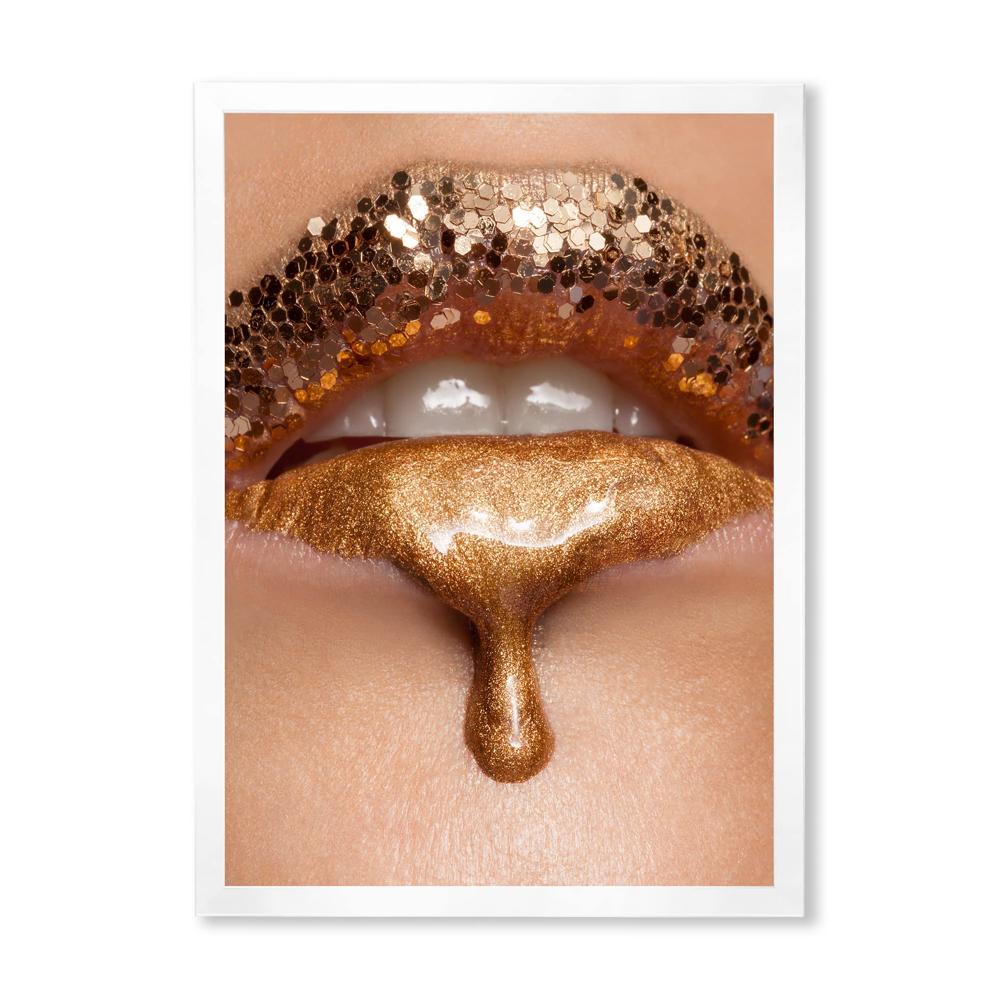 Gold Liquid Lips Close-Up Makeup Art - Modern Framed Wall Decor for Living Room, Bedroom & Office
