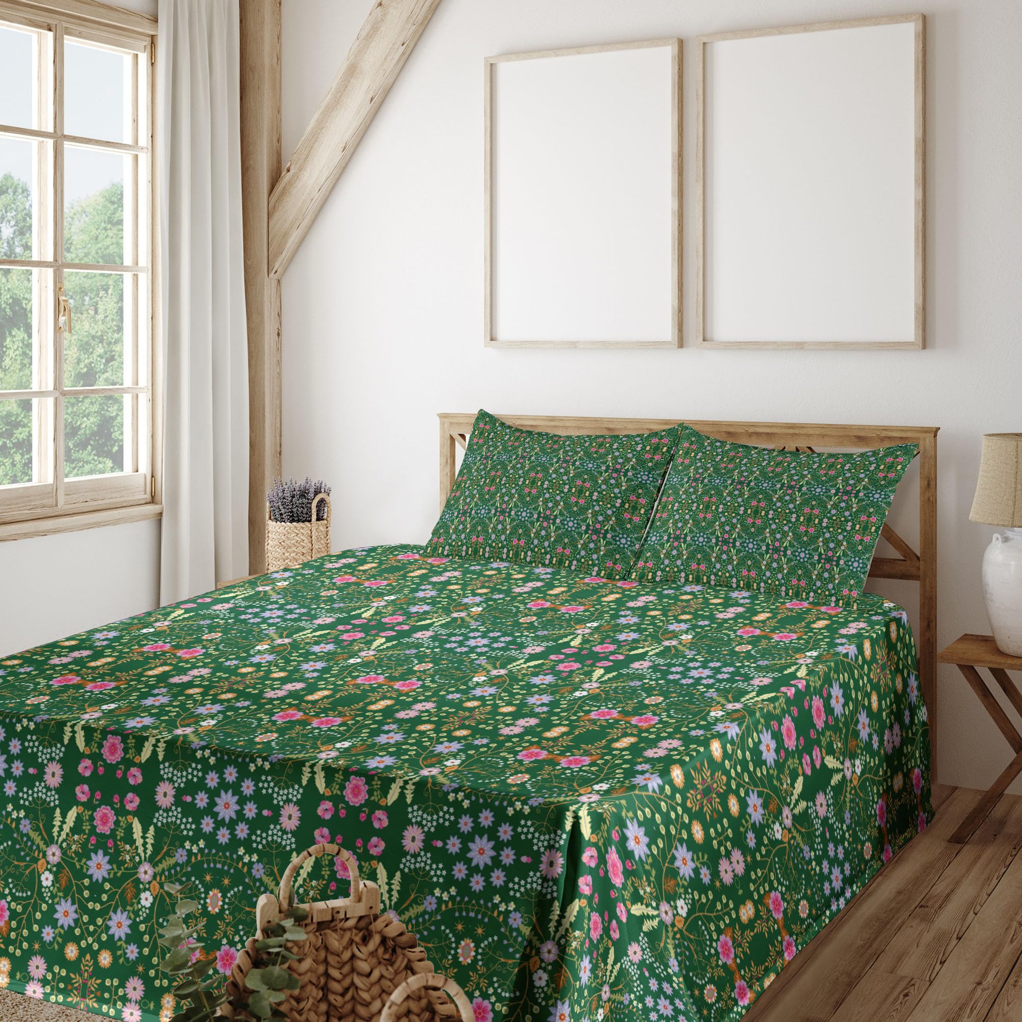 Ambesonne Floral King Sheet Set - 4 Piece Eastern Style Continuous Flower Design, Fitted & Flat Sheets with Pillowcases - Hunter Green & Multicolor Bedding for Master Bedroom, Guest Room, or Vacation Home Decor