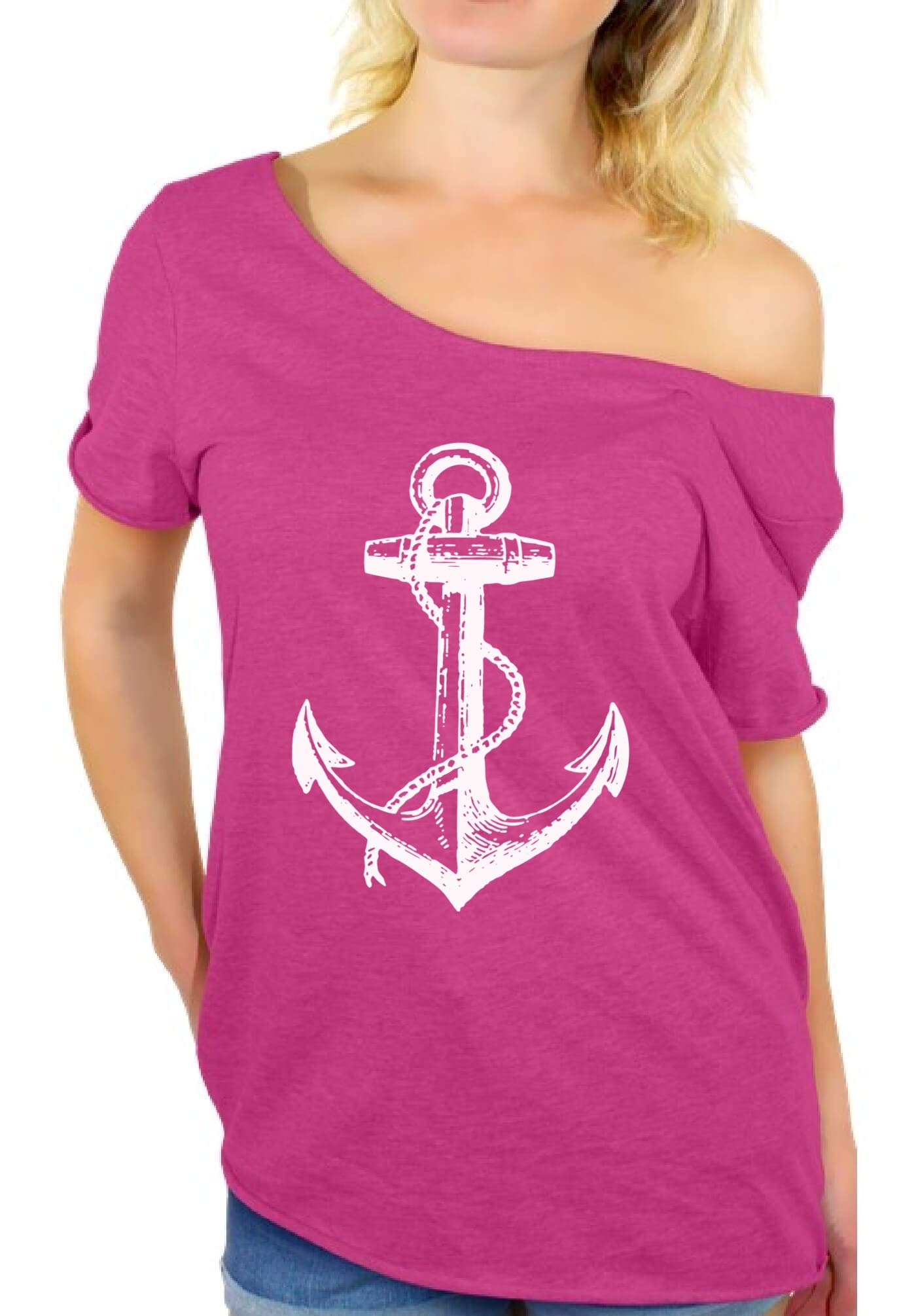 Awkwardstyles Women's Anchor Print White Off Shoulder T-Shirt - Summer Beach Vacation Outfit | Casual Date Night Top | Bookmark Gift Included