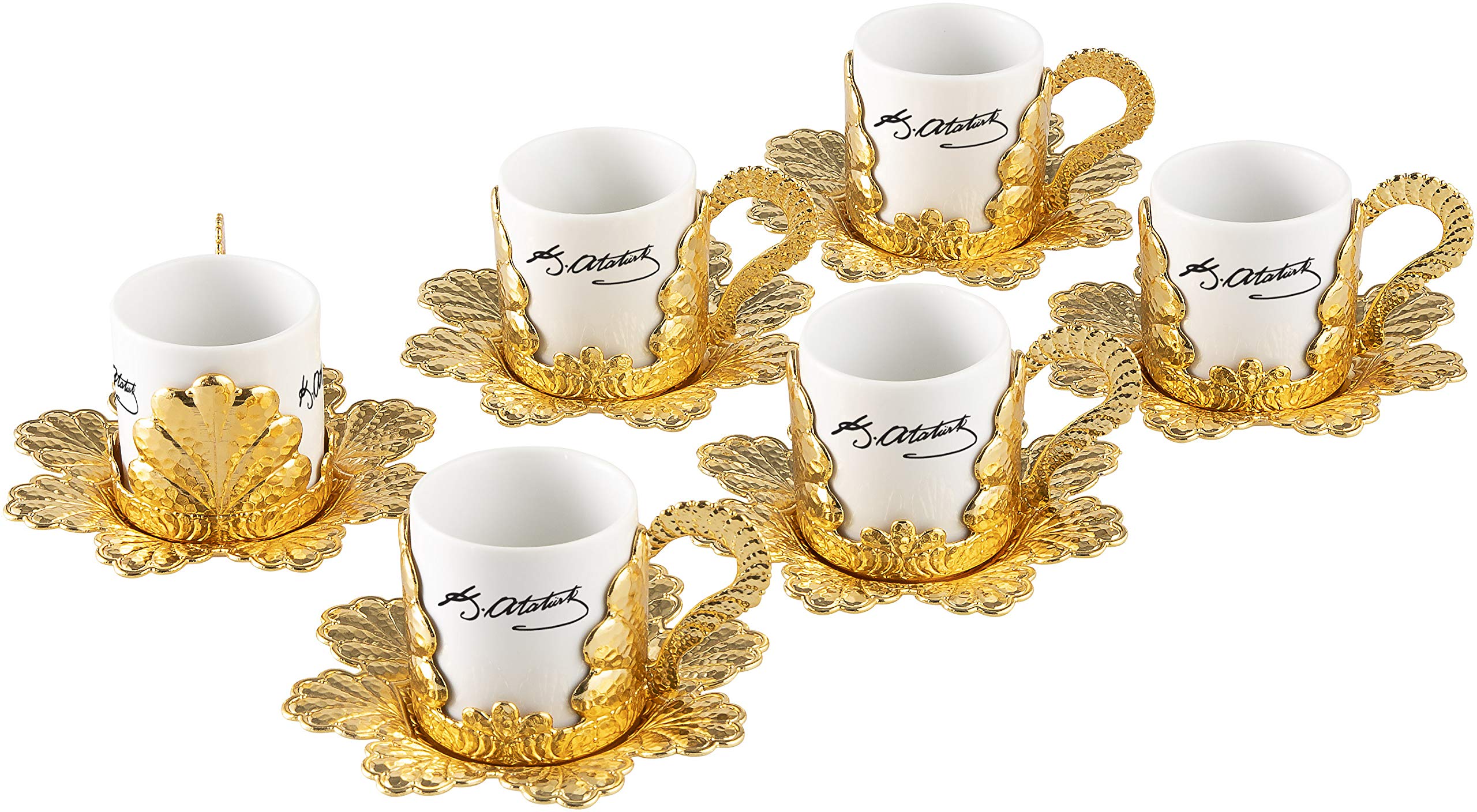Ataturk Signed Porcelain Coffee Cups and Saucers Set of 6 - Turkish Arabic Greek Style Espresso Cups for Home, Office, Restaurants - Elegant Wedding & Housewarming Gift in Gold/White
