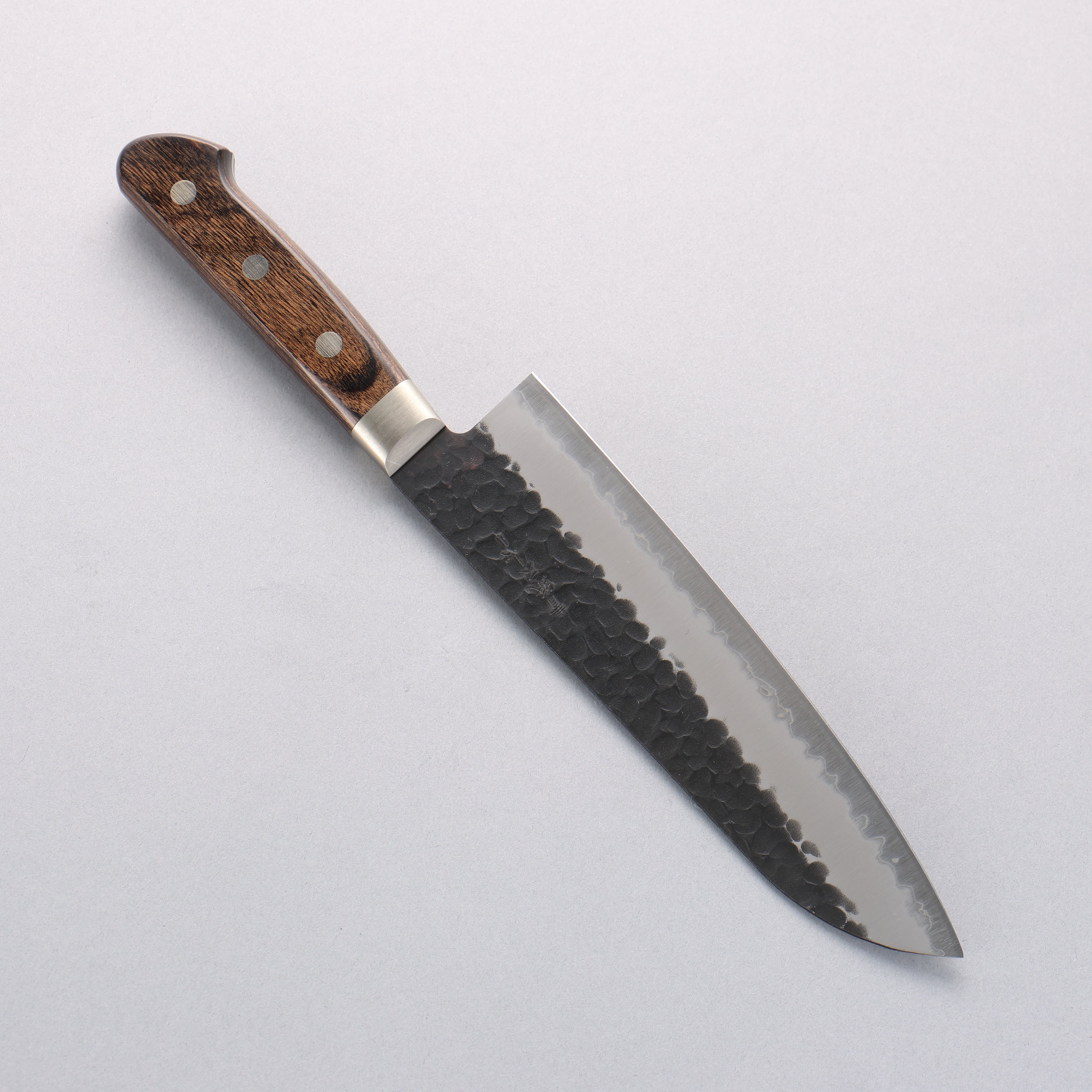 Seisuke Blue Super Hammered Santoku Knife 180mm - Black Finish, Brown Pakkawood Handle - Japanese Kitchen Knife for Slicing, Dicing, and Chopping Vegetables, Meat, and Fish