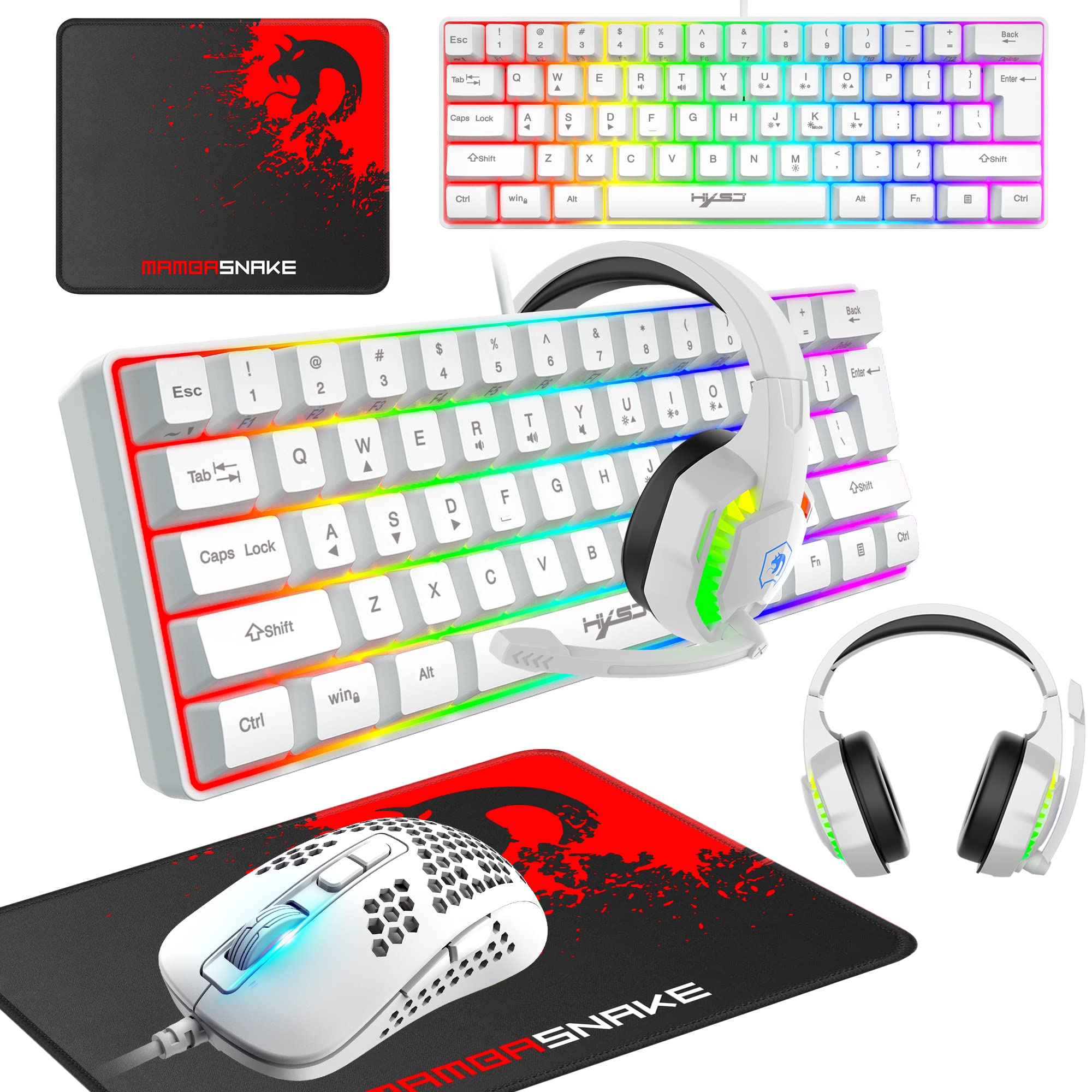 KUIYN 60% Wired Compact Gaming Keyboard and Mouse Set - 61 Keys RGB Backlit Mechanical Keyboard, Honeycomb Optical Gaming Mouse with RGB Headset & Mouse Pad - Anti-Ghosting for PC, PS4, Xbox - Perfect for Esports, Streaming & Office Work