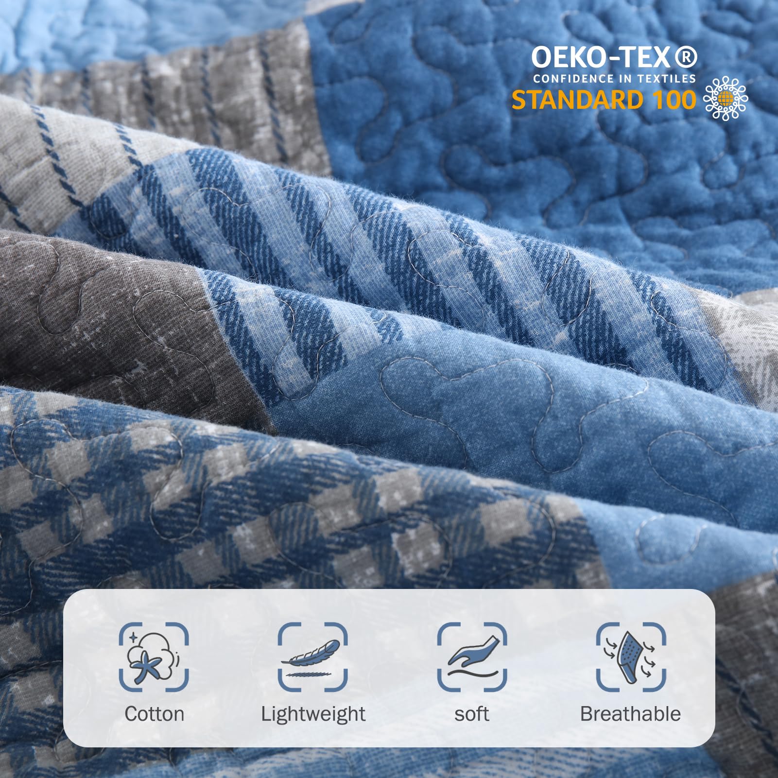 Y-PLWOMEN 100% Cotton Plaid Quilt Set Queen Size - Farmhouse Style Lightweight Breathable Bedspread with 2 Pillow Shams, Blue Navy (90x98 Inches) for Cozy Bedroom Decor & Guest Room Essentials