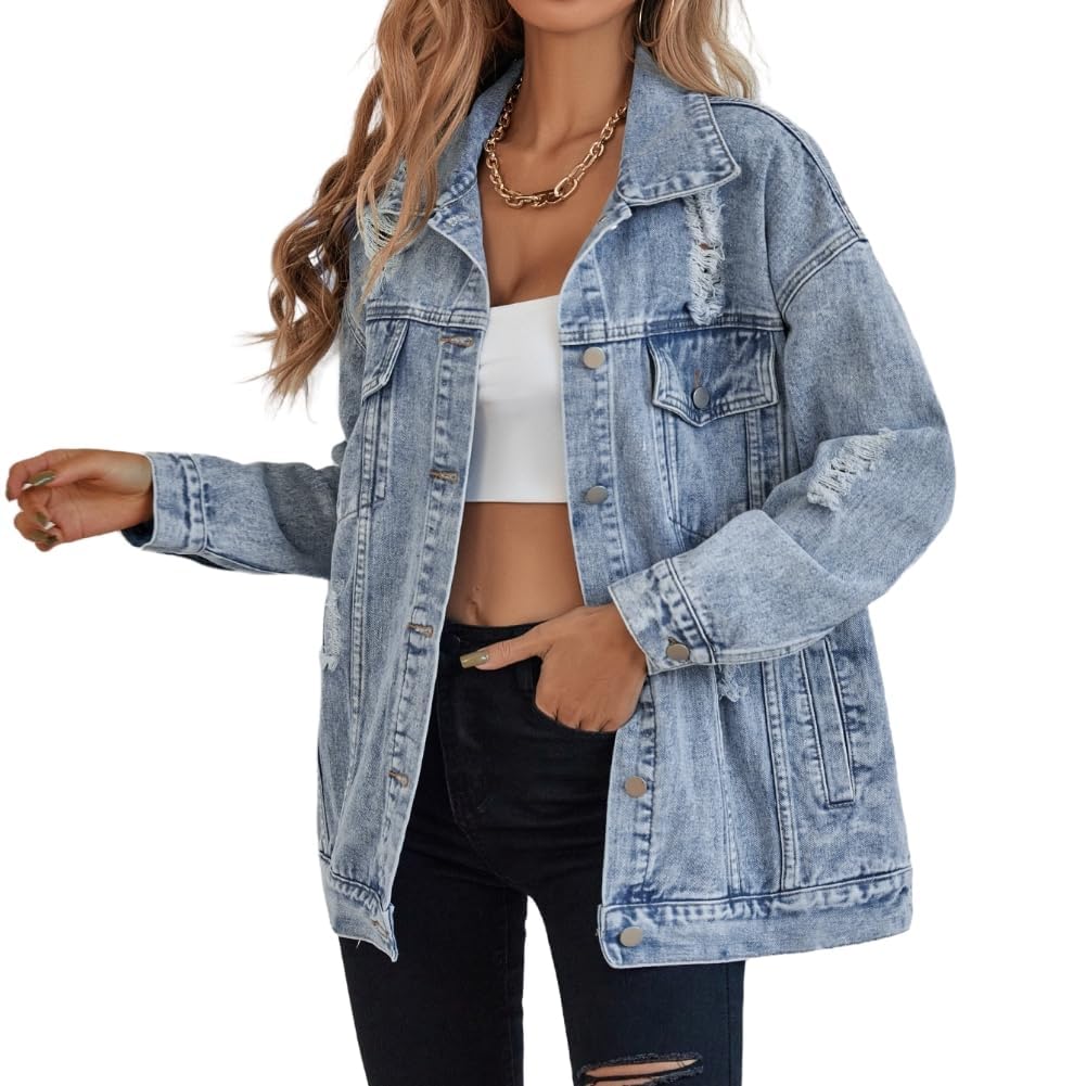 Stylish Oversized Denim Jacket for Women - Distressed Boyfriend Jean Jacket with Long Sleeves | Perfect for Casual Outfits, Streetwear Fashion & Layering in Fall/Winter