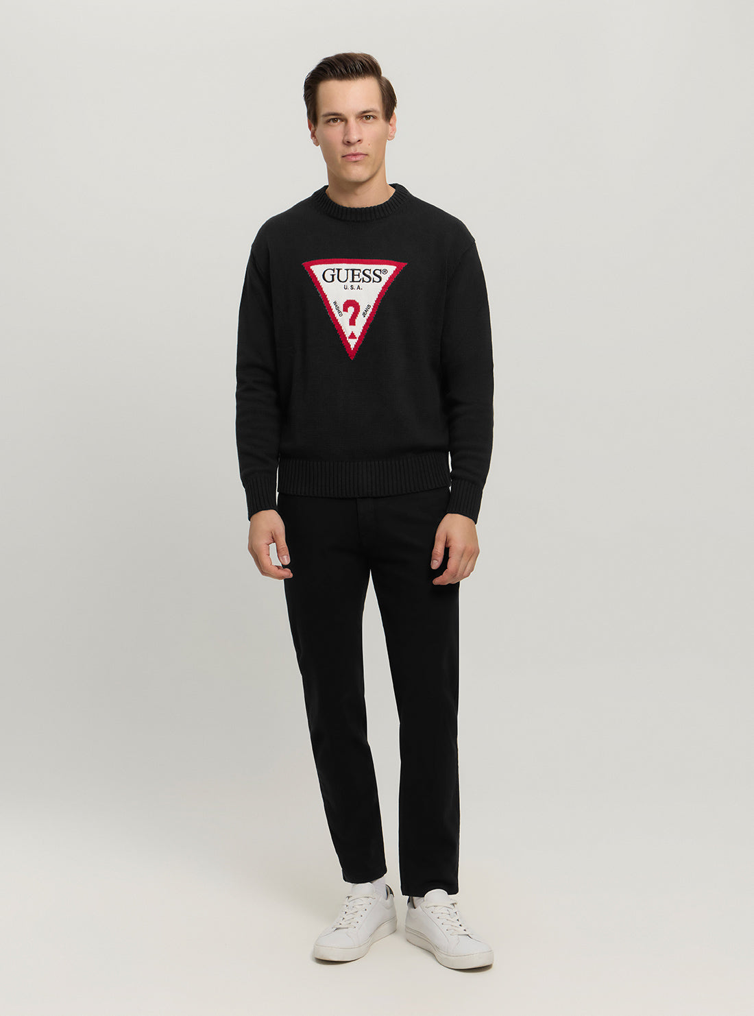Guess Women's Black Triangle Knit Sweater - Soft Crewneck Pullover for Casual Wear & Fall Fashion
