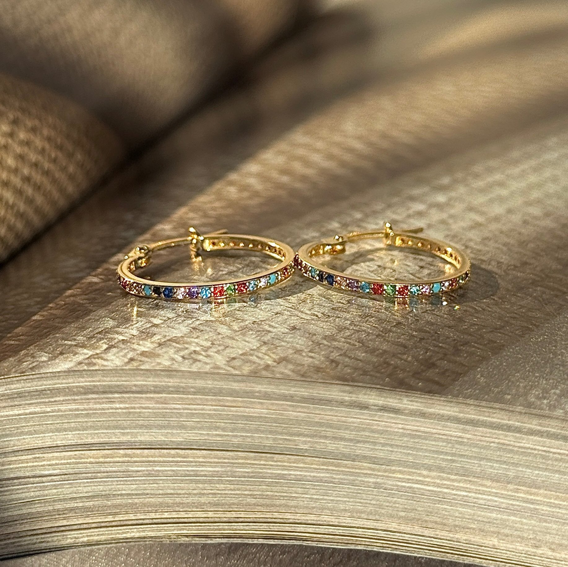14K Yellow Gold Rainbow Pavé Studded Hoop Earrings - Dainty & Elegant Jewelry for Women - Perfect for Parties, Weddings & Everyday Wear