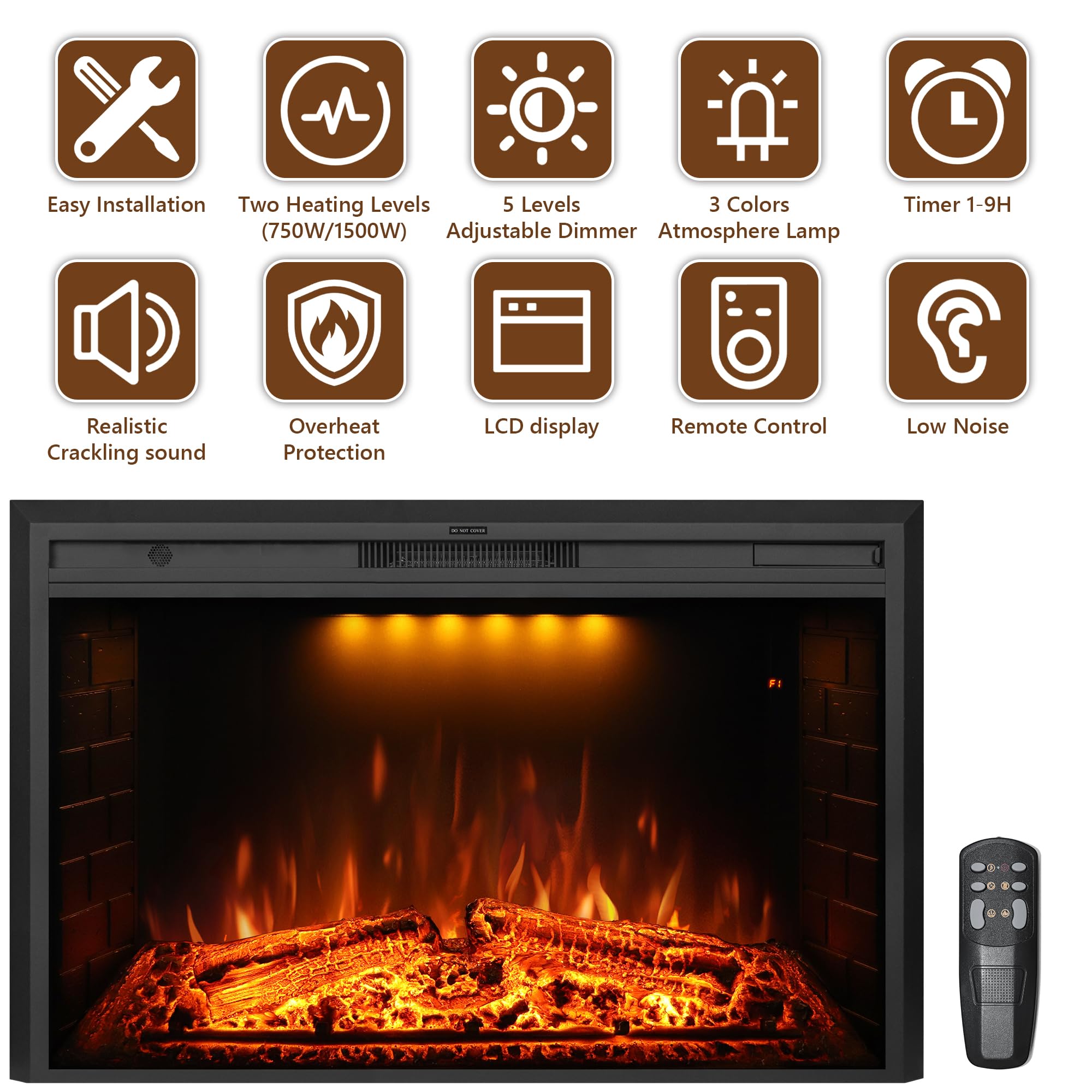50 Inch Electric Fireplace with Remote Control - Realistic Log & Crackling Sound - 750W/1500W Wall Mounted Heater with Overheat Protection & Timer - Perfect for Living Room, Bedroom, and Office Warming