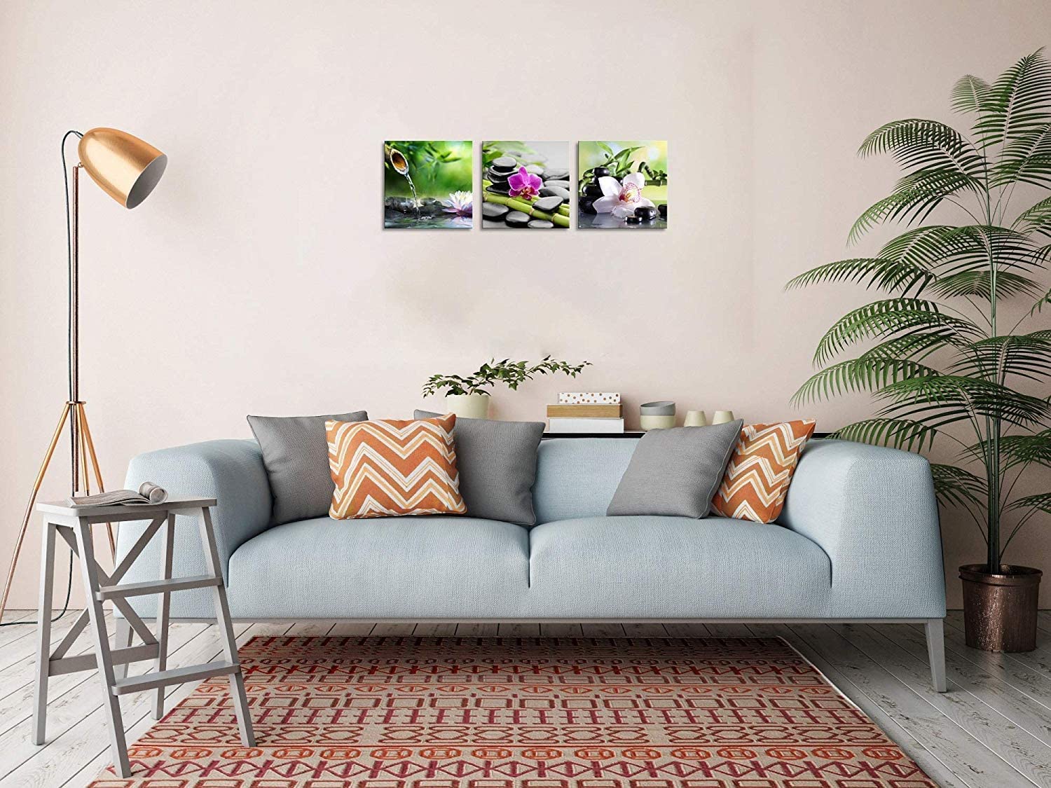 TutuBeer Zen Art 3-Panel Canvas Painting - Green Bamboo & Pink Flowers Wall Decor for Home, Spa & Bathroom - Stretched & Framed 20x20 Inch Each - Perfect for Meditation Rooms, Yoga Studios & Relaxation Spaces
