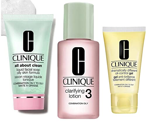 Clinique 3-Step Travel Size Skincare Set for Oily & Combination Skin - Liquid Facial Soap, Clarifying Lotion 3, Dramatically Different Moisturizing Gel (1oz+1oz+0.5oz) | Perfect for Travel, Gym & On-The-Go Skincare Routine