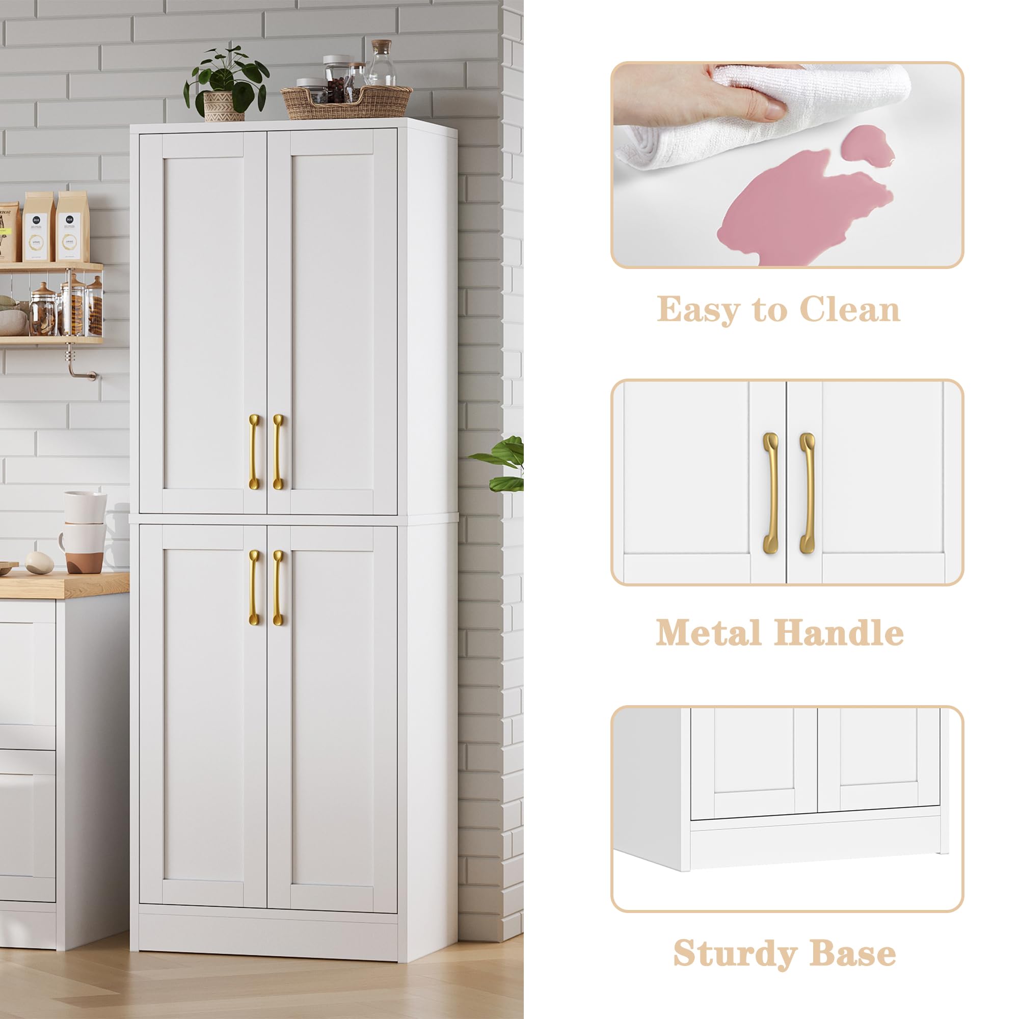White 4-Door Kitchen Pantry Cabinet with Adjustable Shelves - Freestanding Storage Cupboard for Dining Room, Living Room, Laundry & Bathroom - Perfect for Organizing Food, Dishes, Linens and Household Supplies