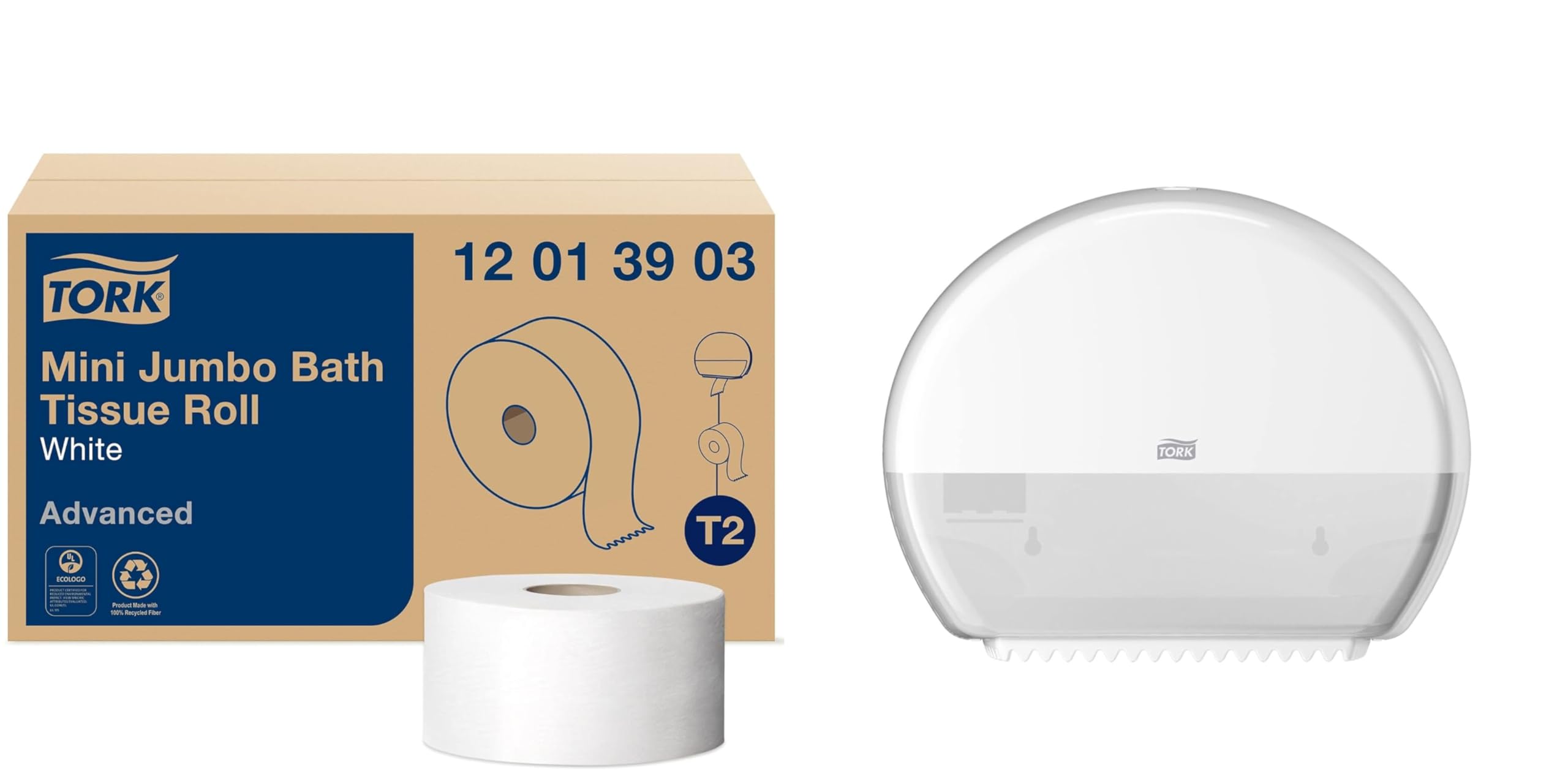 Tork Mini Jumbo Bath Tissue Roll Dispenser - White T2 with 12 x 1200 Sheet Refill | Advanced White Toilet Paper Holder for Home, Office & Commercial Use | Space-Saving Bathroom Solution