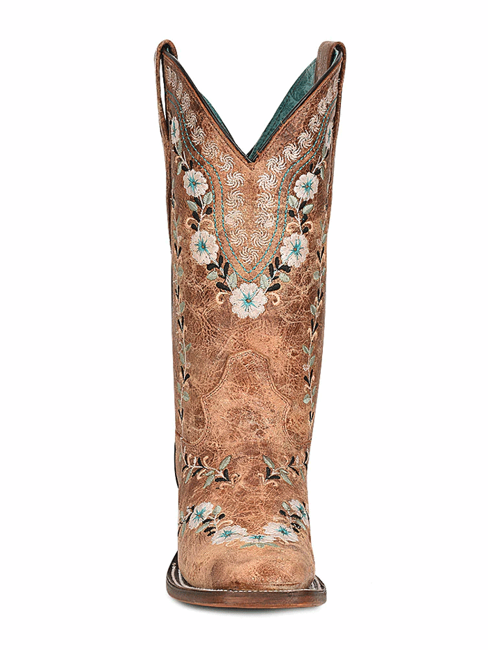 Corral A4398 Women's Floral Embroidery Western Boots - Distressed Cognac Square Toe Cowgirl Boots for Rodeo, Country Dancing & Western Fashion