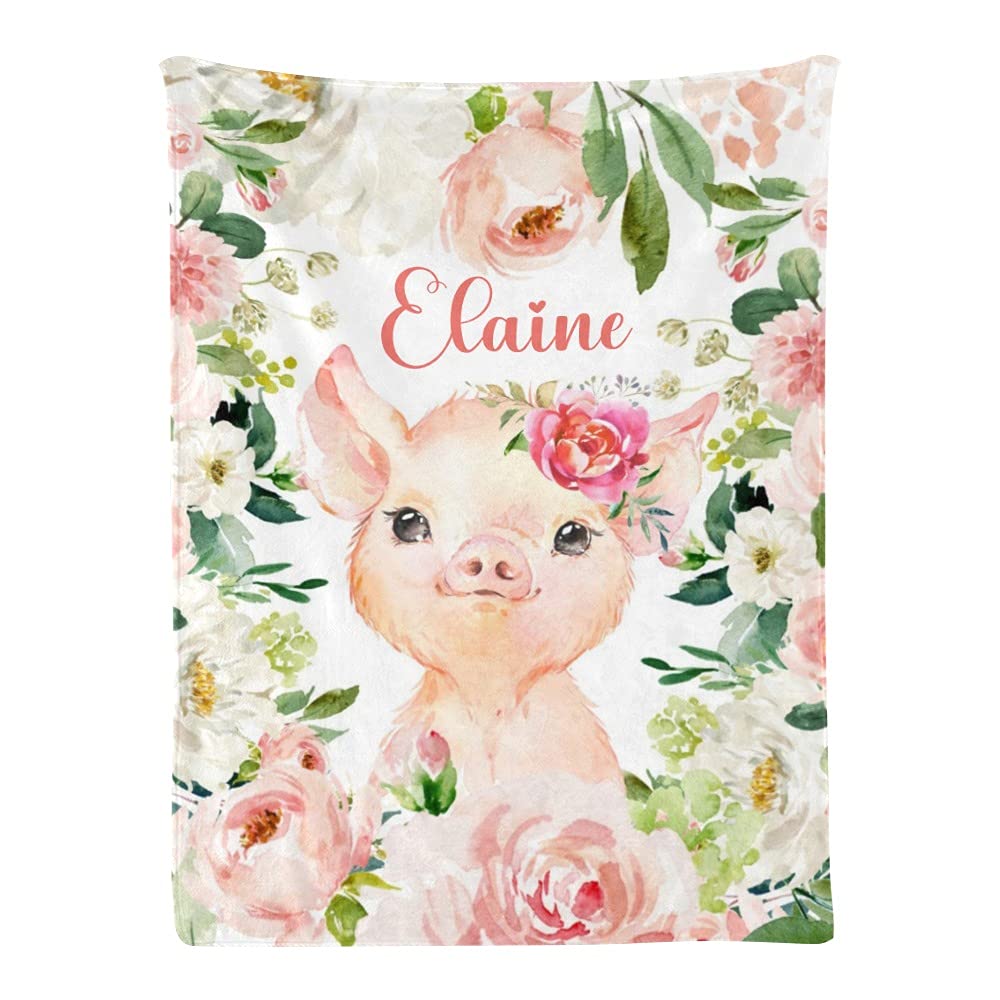 Personalized Baby Blanket with Cute Pig & Blush Pink Flowers - Super Soft Custom Fleece Blanket for Boys & Girls - Baby Shower, Birthday, Wedding Gift - 30