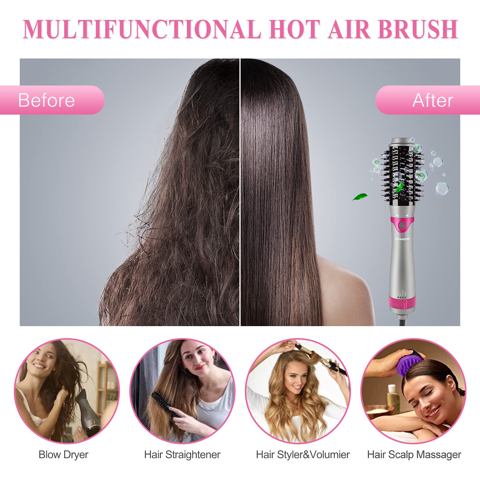 Zeonetak 3-in-1 Ionic Hair Dryer Brush - Styler & Volumizer for Straightening, Curling, Drying at Home