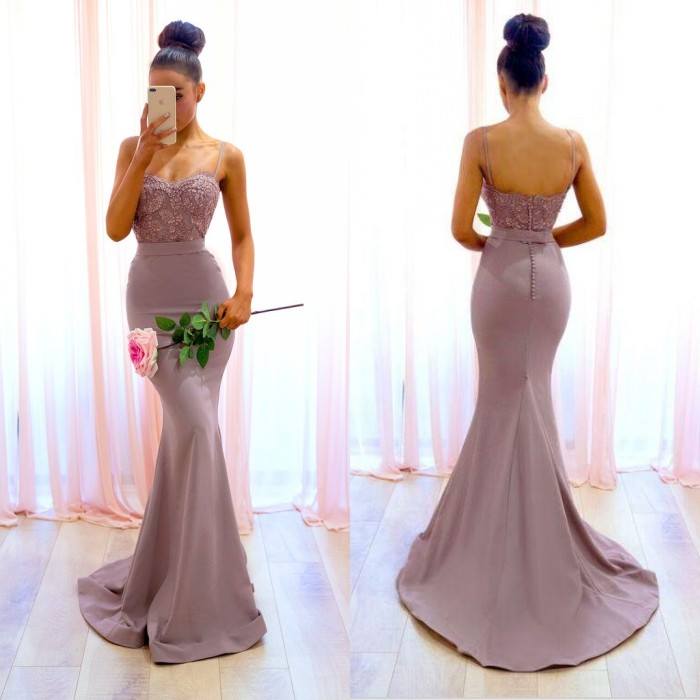 Elegant Long Mermaid Lace Bridesmaid Dress with Spaghetti Straps - Perfect for Weddings, Proms, and Formal Evening Events