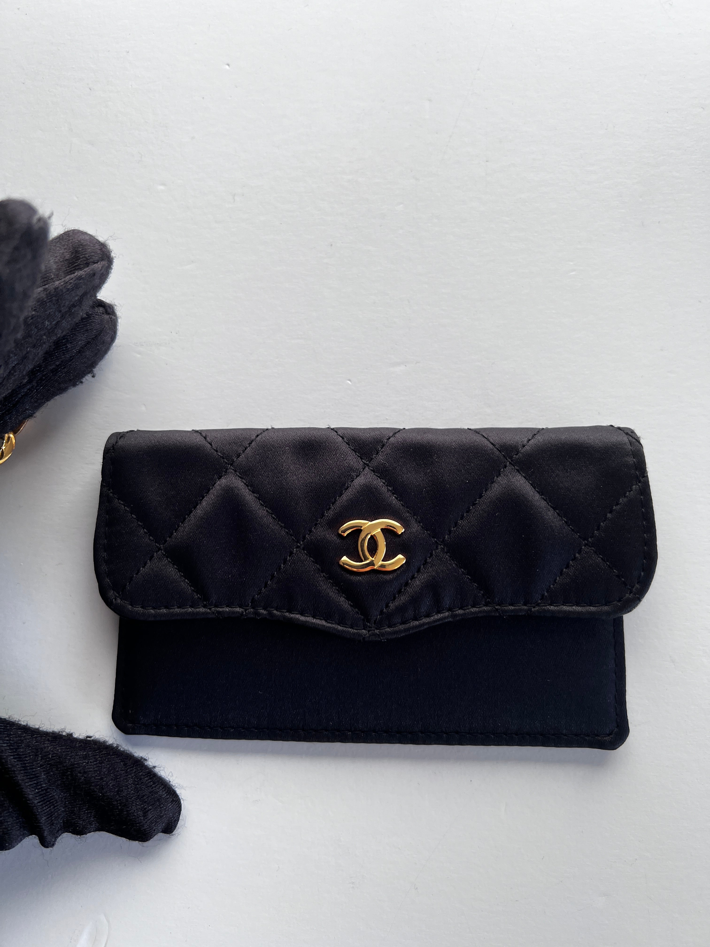 Vintage Chanel Satin & Leather Flap Bag with Card Holder - Luxury Designer Crossbody Purse for Women, Perfect for Evening Parties & Special Occasions