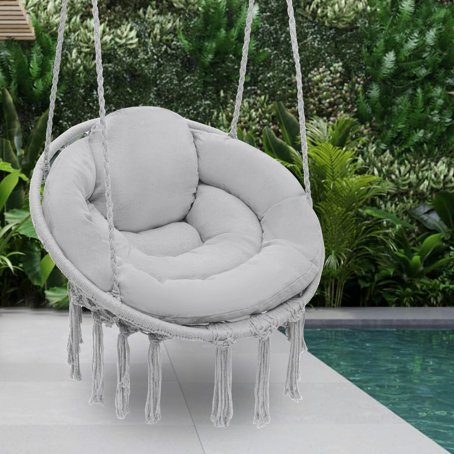 Magshion Macrame Hanging Hammock Chair with Full Cushion - 350 Lbs Capacity Indoor/Outdoor Boho Swing Chair with Tassels - Perfect for Living Room, Bedroom, Porch & Garden Relaxation (Gray)