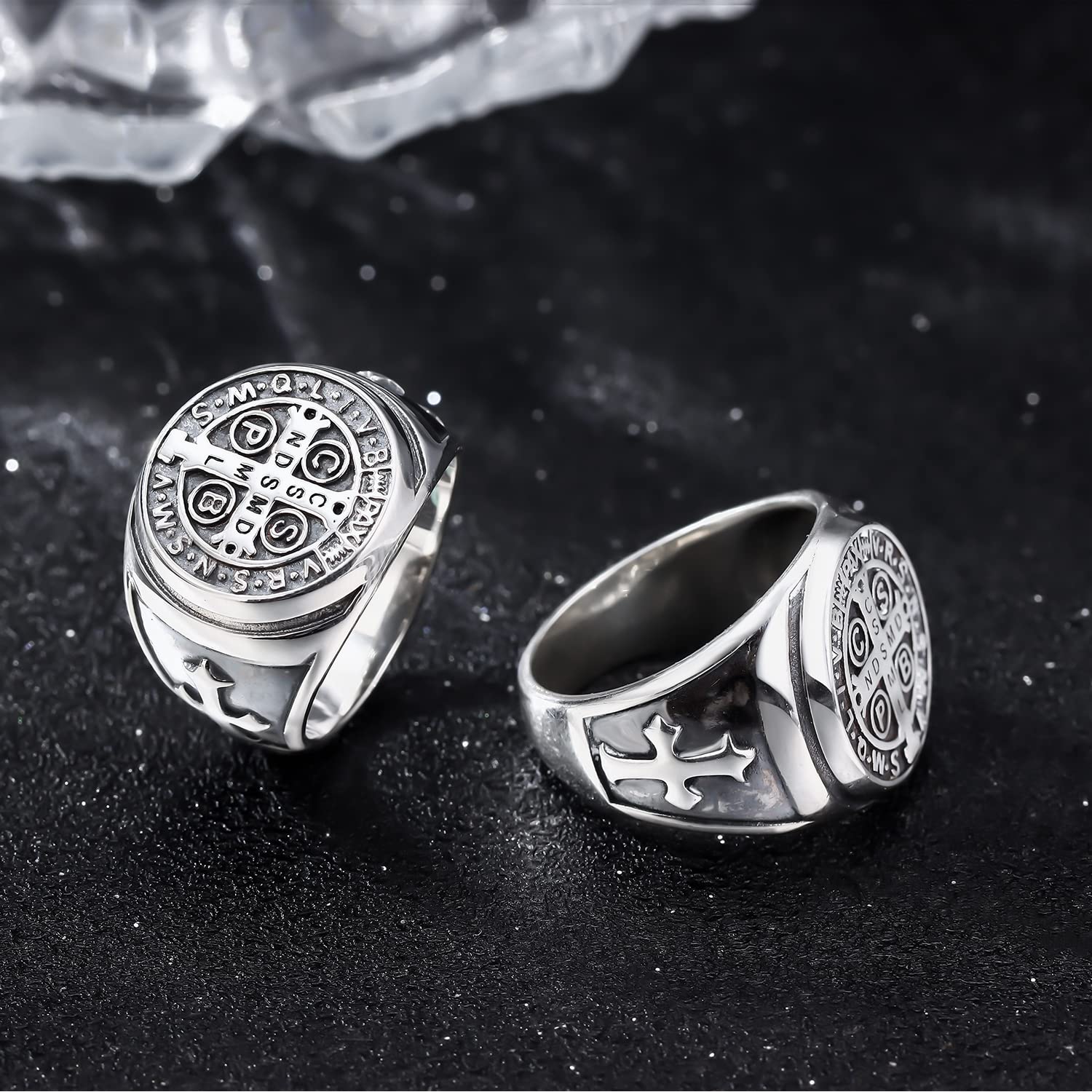 Sterling Silver St. Benedict Ring for Men - Catholic Exorcism Protection Amulet with Roman Cross - Sizes 7-13 - Perfect for Religious Gifts, Spiritual Defense & Daily Wear
