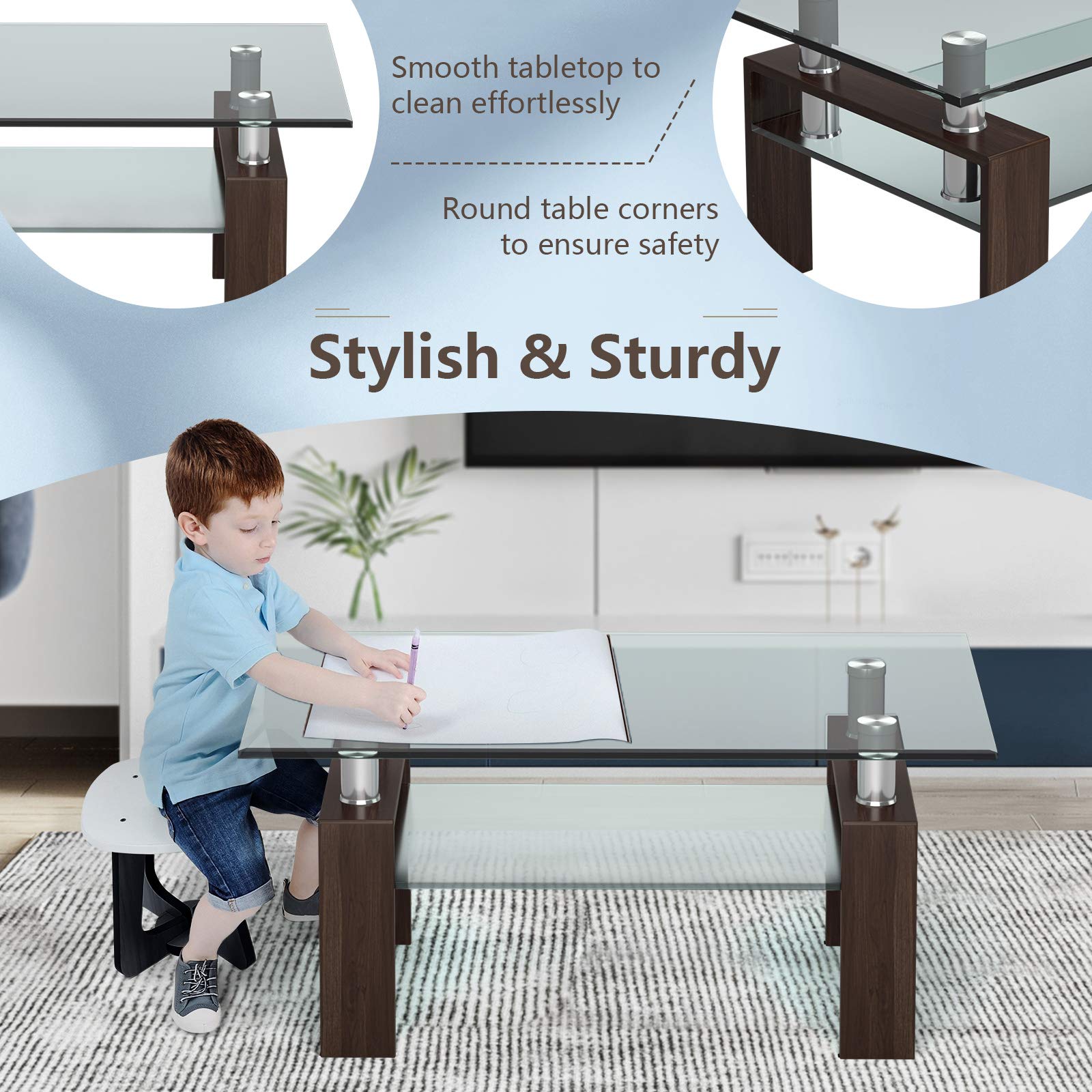 Tangkula Modern Rectangular Glass Coffee Table with Lower Shelf - Tempered Glass Top & Sturdy Metal Legs - Perfect for Living Room, Office, or Lounge (Coffee Table, Side Table)