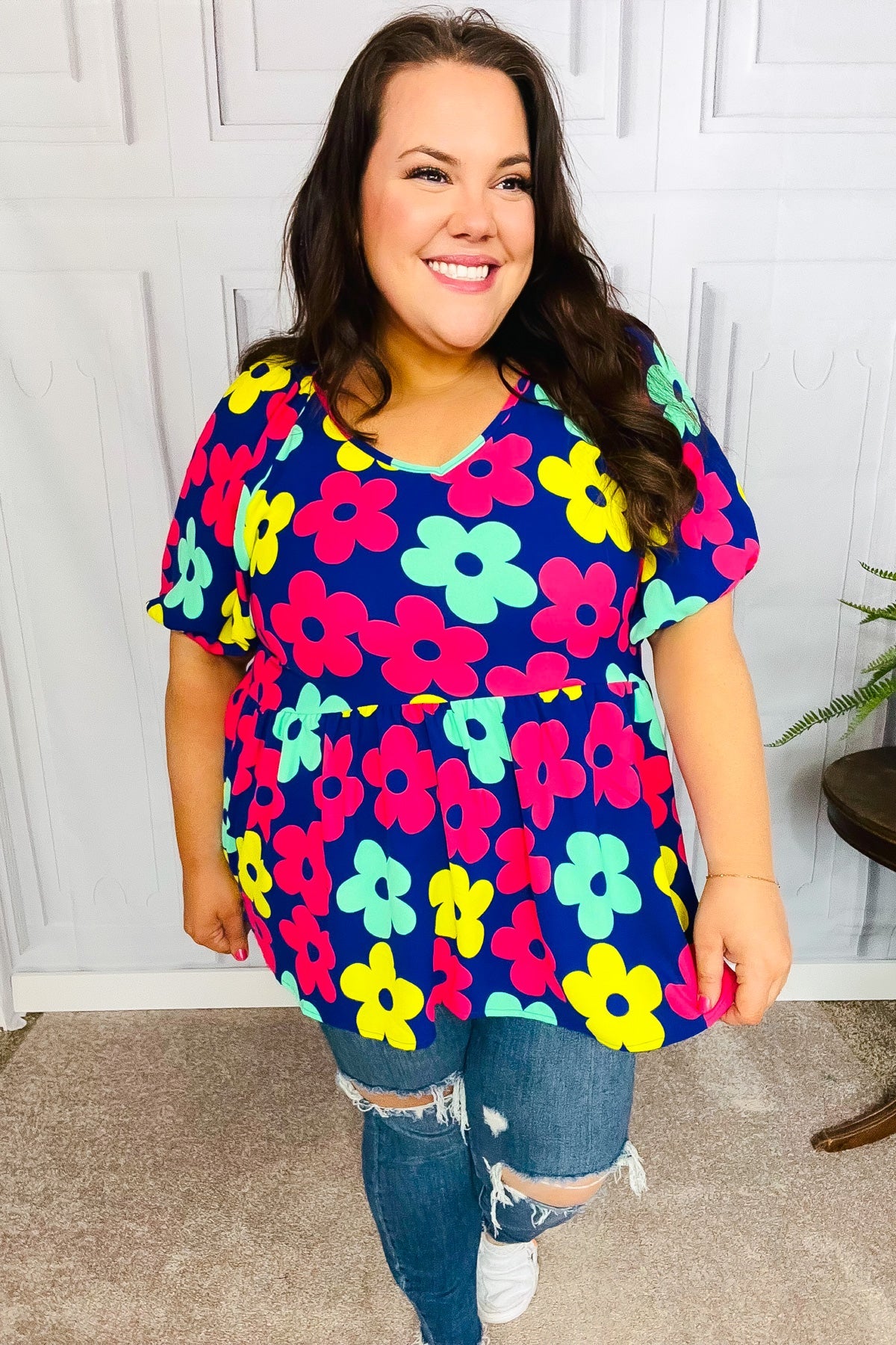 Haptics Navy Blue Floral Print Bubble Sleeve Babydoll Raglan Top - Casual Chic Blouse for Women, Perfect for Date Nights & Summer Outfits