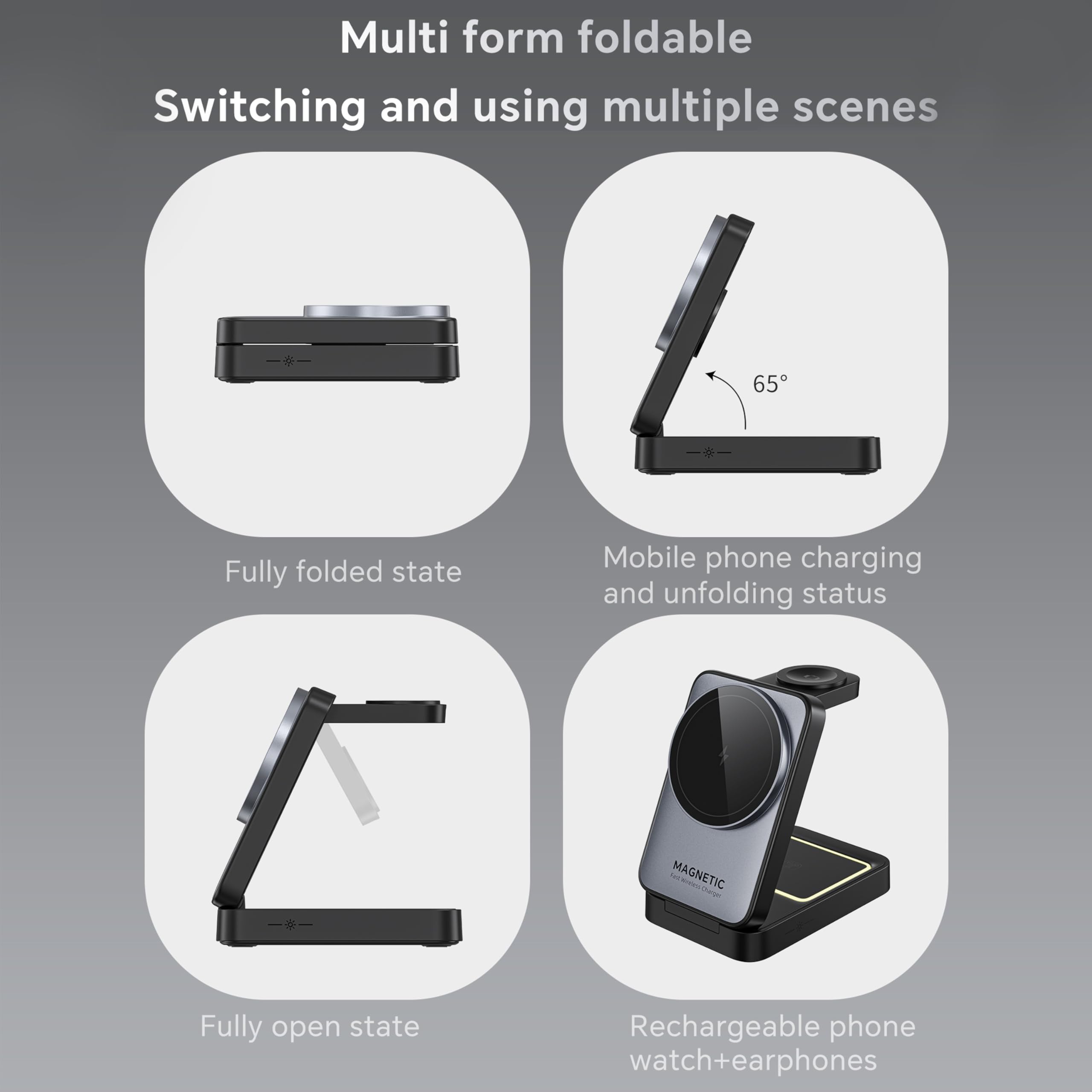 3-in-1 Foldable Wireless Charging Station - 15W Fast MagSafe Charger Stand for iPhone 15/14/13/12, Apple Watch & AirPods Pro | Portable Travel Charger for Home, Office & Car (Black)