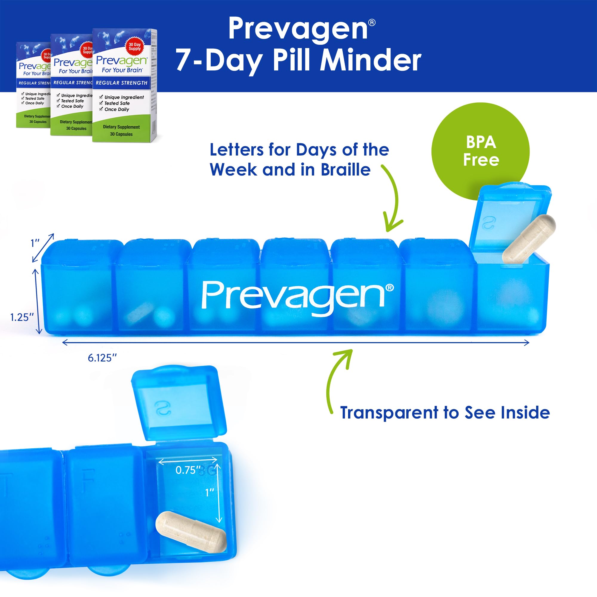 Prevagen Regular Strength 10mg, 30 Capsules (3-Pack) - Brain Health Supplement with Apoaequorin & Vitamin D - Includes 7-Day Pill Organizer - Supports Memory & Cognitive Function for Adults & Seniors