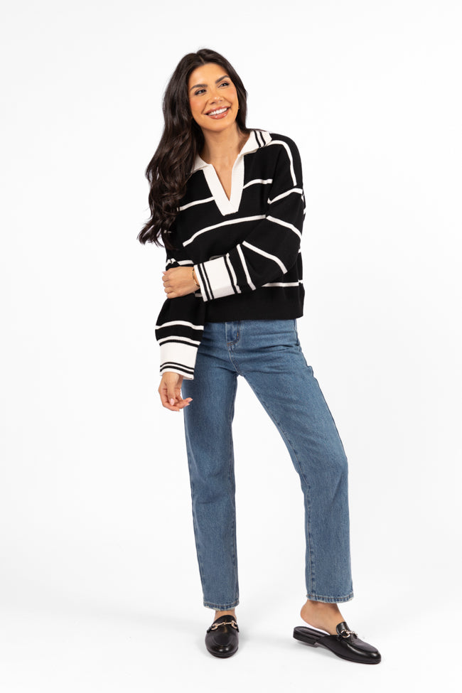 Imagine That Black Striped Collared Sweater for Women - Stylish Knit Pullover for Fall & Winter Fashion | Perfect for Office, Date Night & Casual Outings