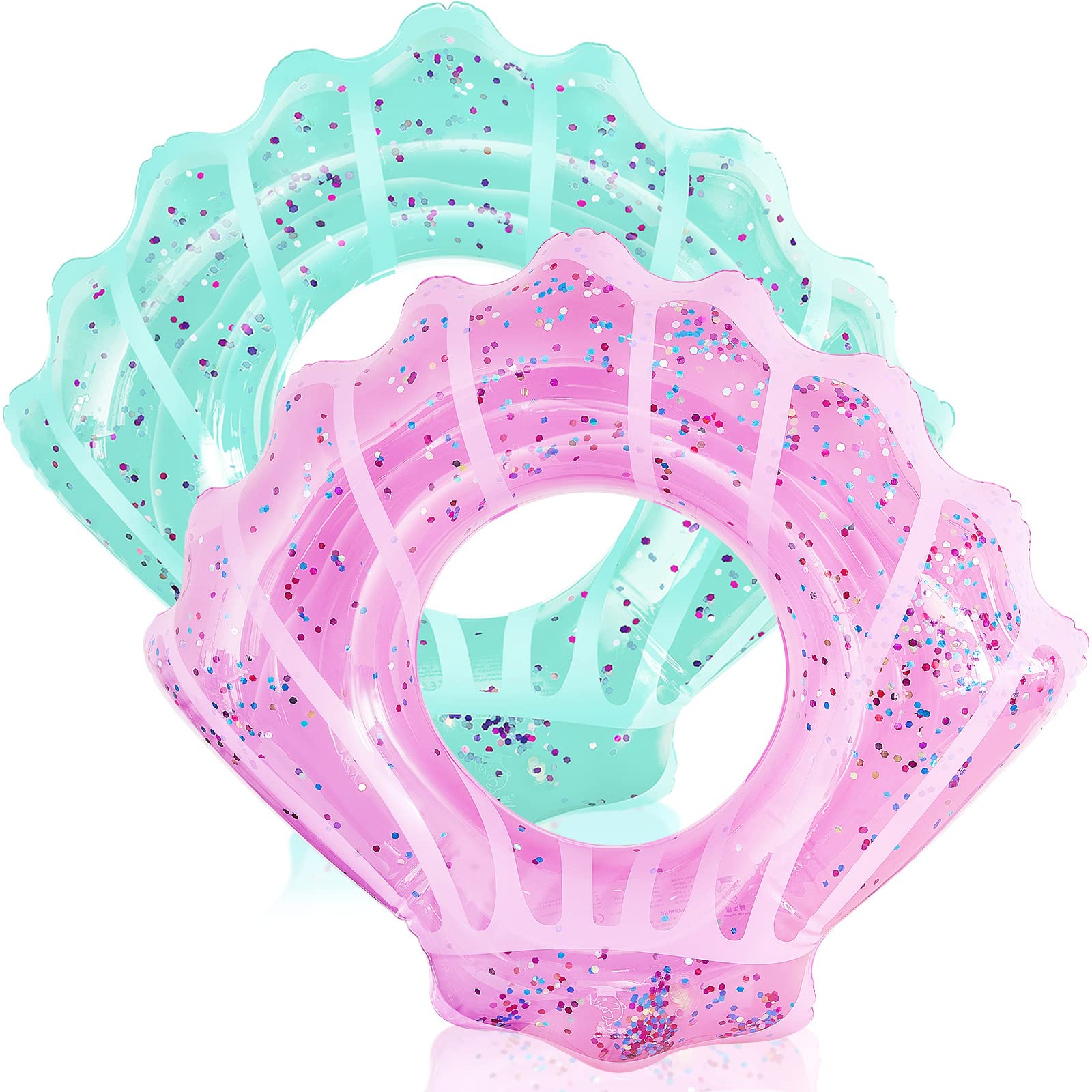 2 Pack Inflatable Seashell Swim Rings - Glitter Confetti Pool Floats for Kids, Toddlers & Teens - Pink & Blue Water Swim Tubes for Summer Beach, Pool Parties & Decorations