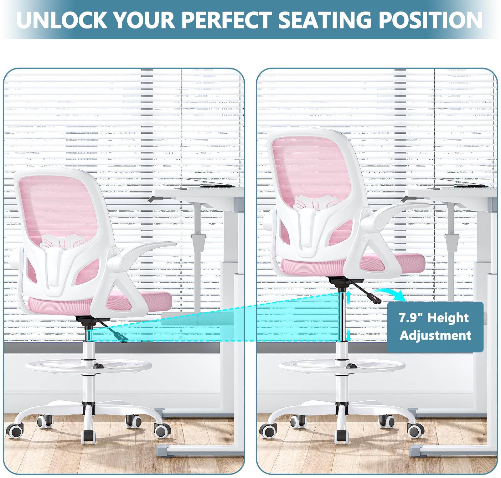 Ergonomic Tall Drafting Chair with Footrest Ring - Adjustable Height Office Chair with Flip-Up Arms & Lumbar Support for Home & Work - Perfect for Architects, Designers & Extended Computer Use (Pink)