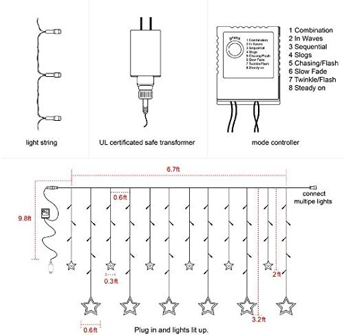 12 Stars 138 LED Twinkle Star String Lights - Christmas & Ramadan Window Decorations with Hook Hangers - Perfect for Bedroom, Party, Wedding & Holiday Home Decor