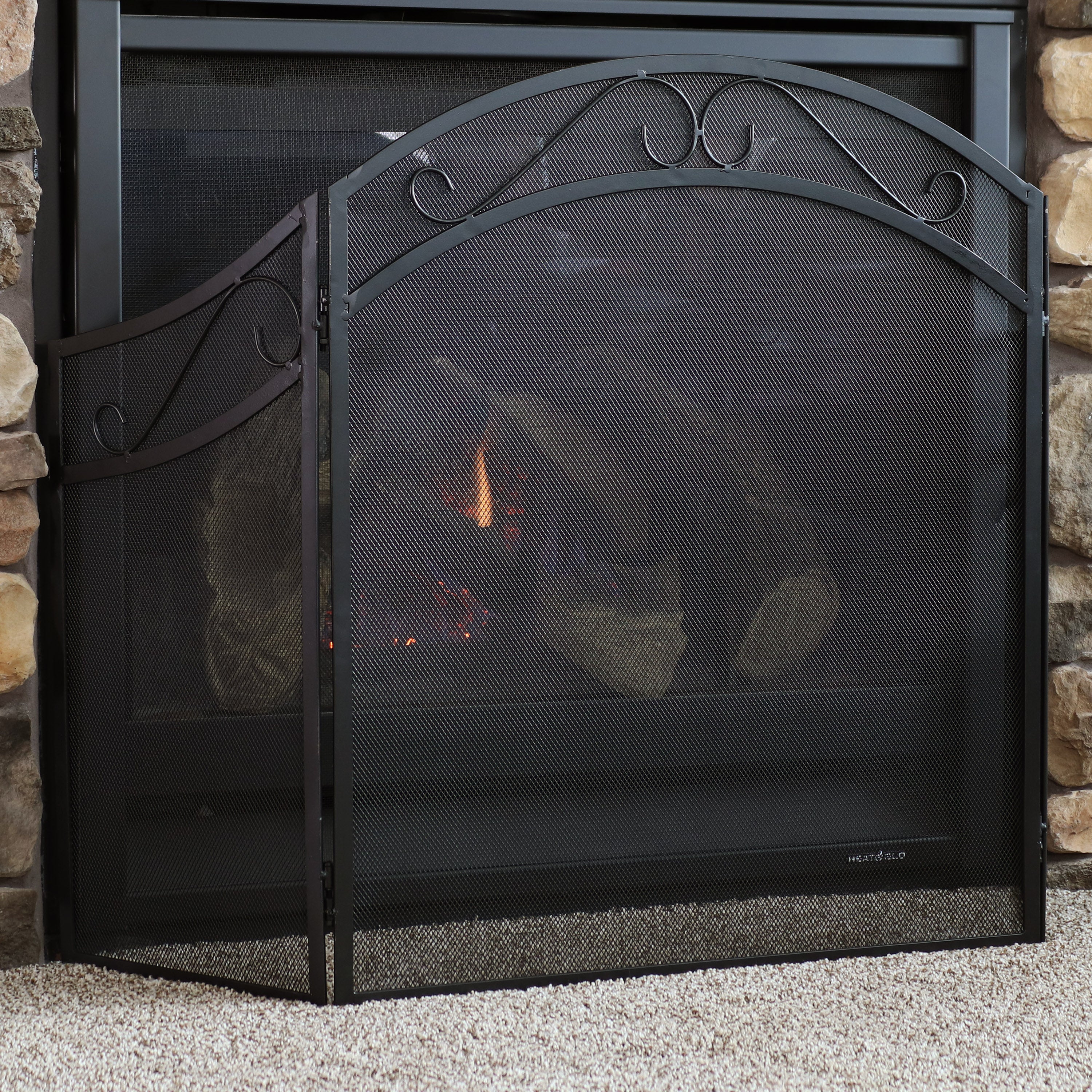 Sunnydaze 3-Panel Steel Fireplace Screen with Elegant Scroll Design - Foldable Fireplace Cover for Indoor & Outdoor Use - Perfect for Living Rooms, Patios, and Decorative Home Safety