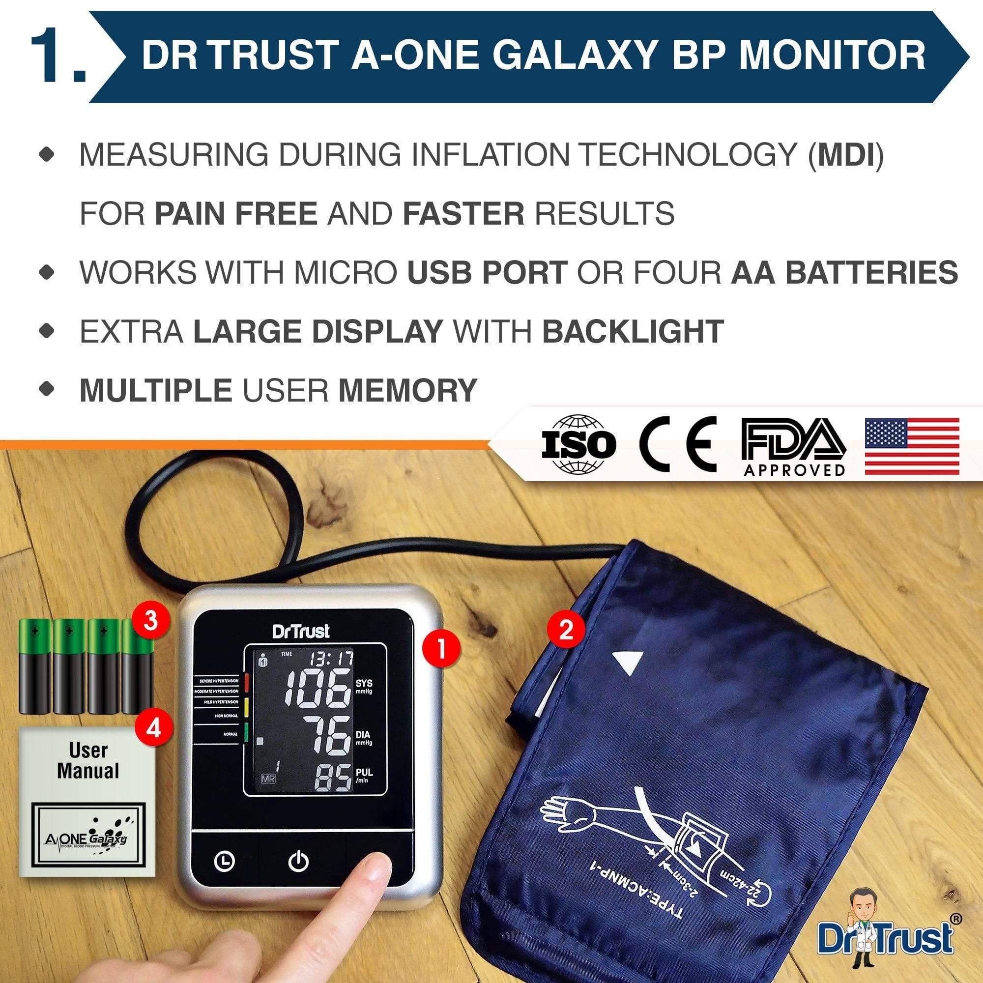 Dr Trust USA A One Galaxy Blood Pressure Monitor 106 & Glucometer Sugar Check Machine 9001 with 10 Test Strips - Home Health Monitoring Kit for Diabetes and Hypertension Care