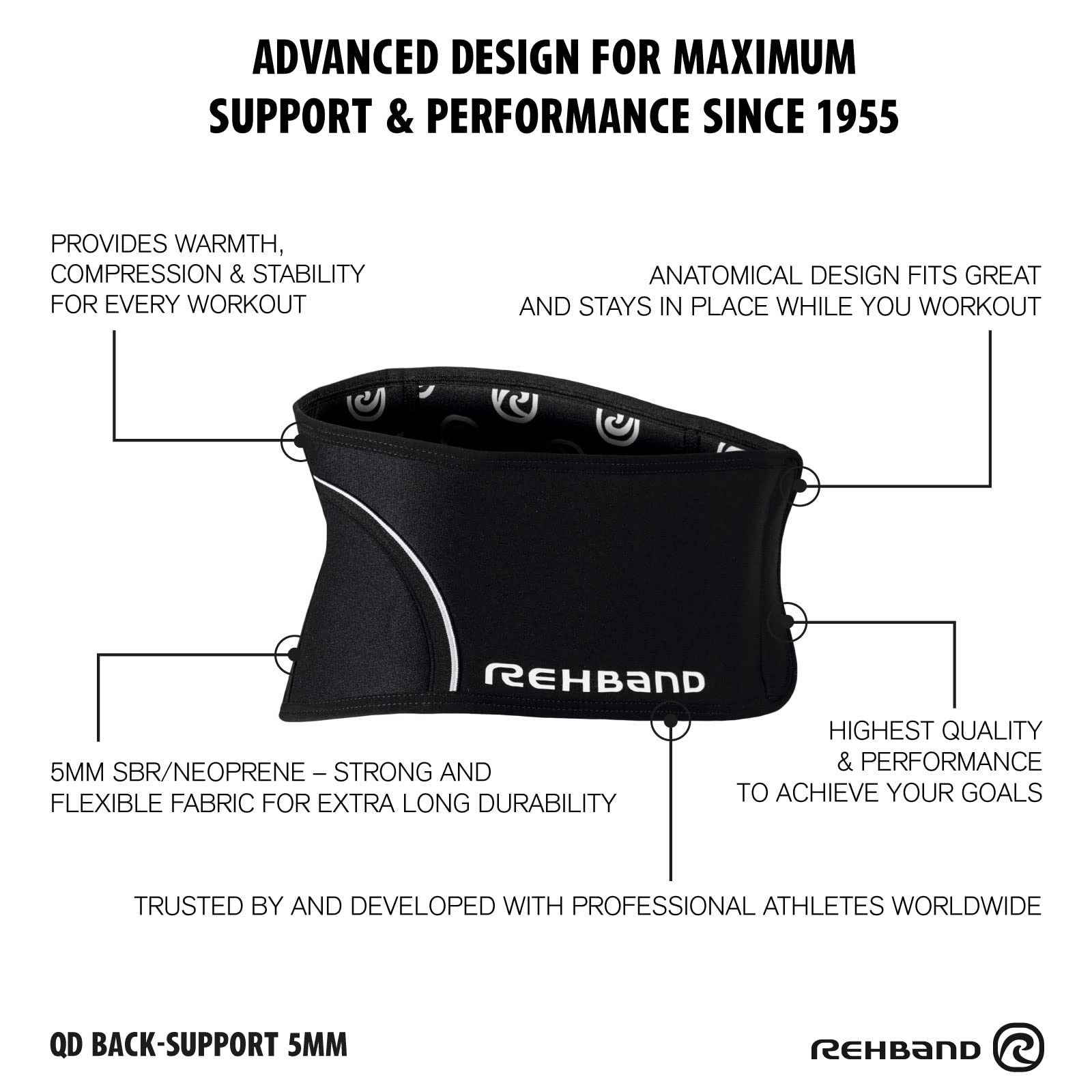 Rehband Black Lower Back Support Belt - 5mm SBR/Neoprene Lumbar Brace for Pain Relief & Spine Stabilization - Medium Size for Men & Women - Ideal for Weightlifting, CrossFit, Workouts & Daily Activities