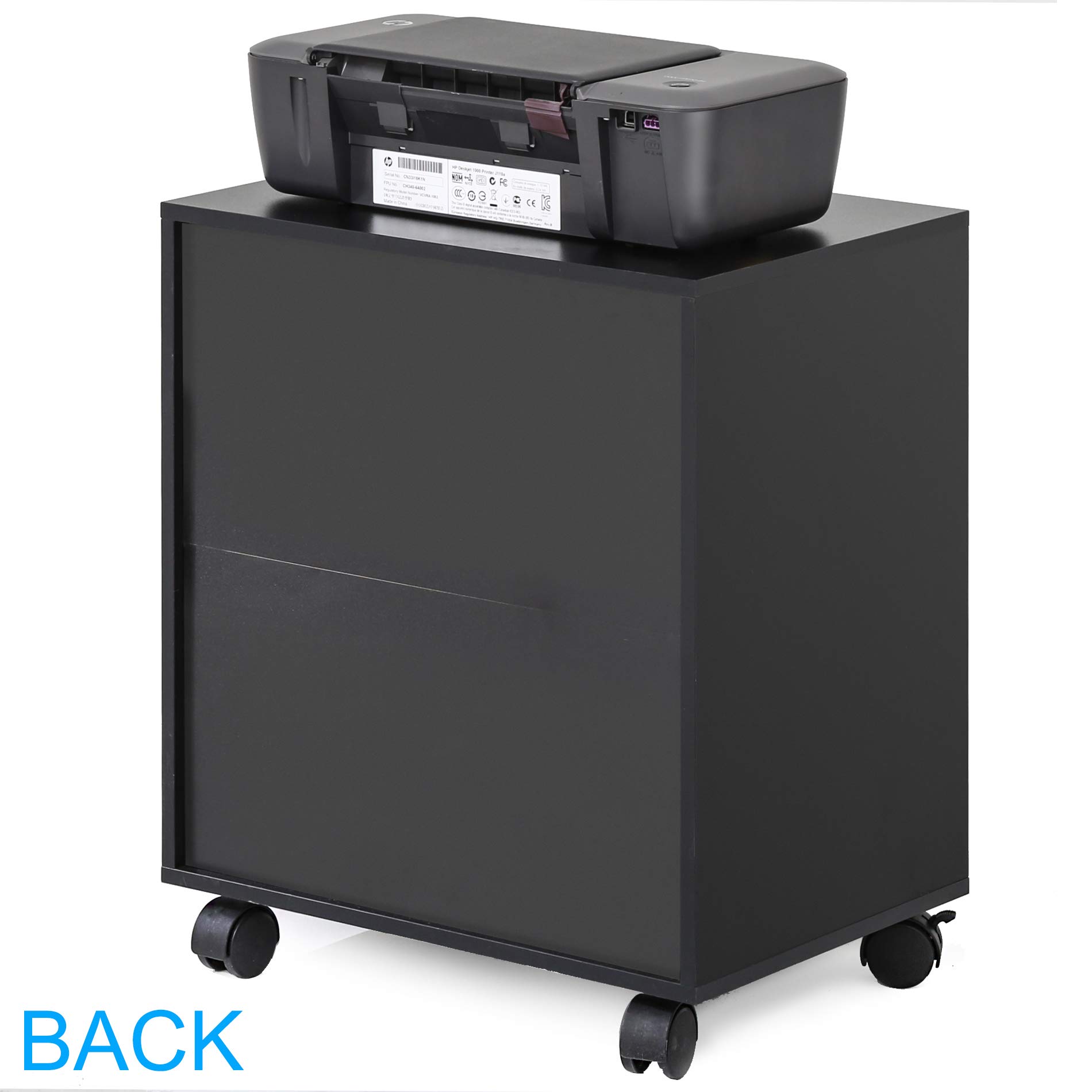 FITUEYES Adjustable Mobile Printer Stand with LED Light Strip - Rolling Wooden Work Cart with Storage Shelves & Door - Black Home Office Organizer for Printer, Scanner & Supplies - Perfect for Small Spaces & Workspaces