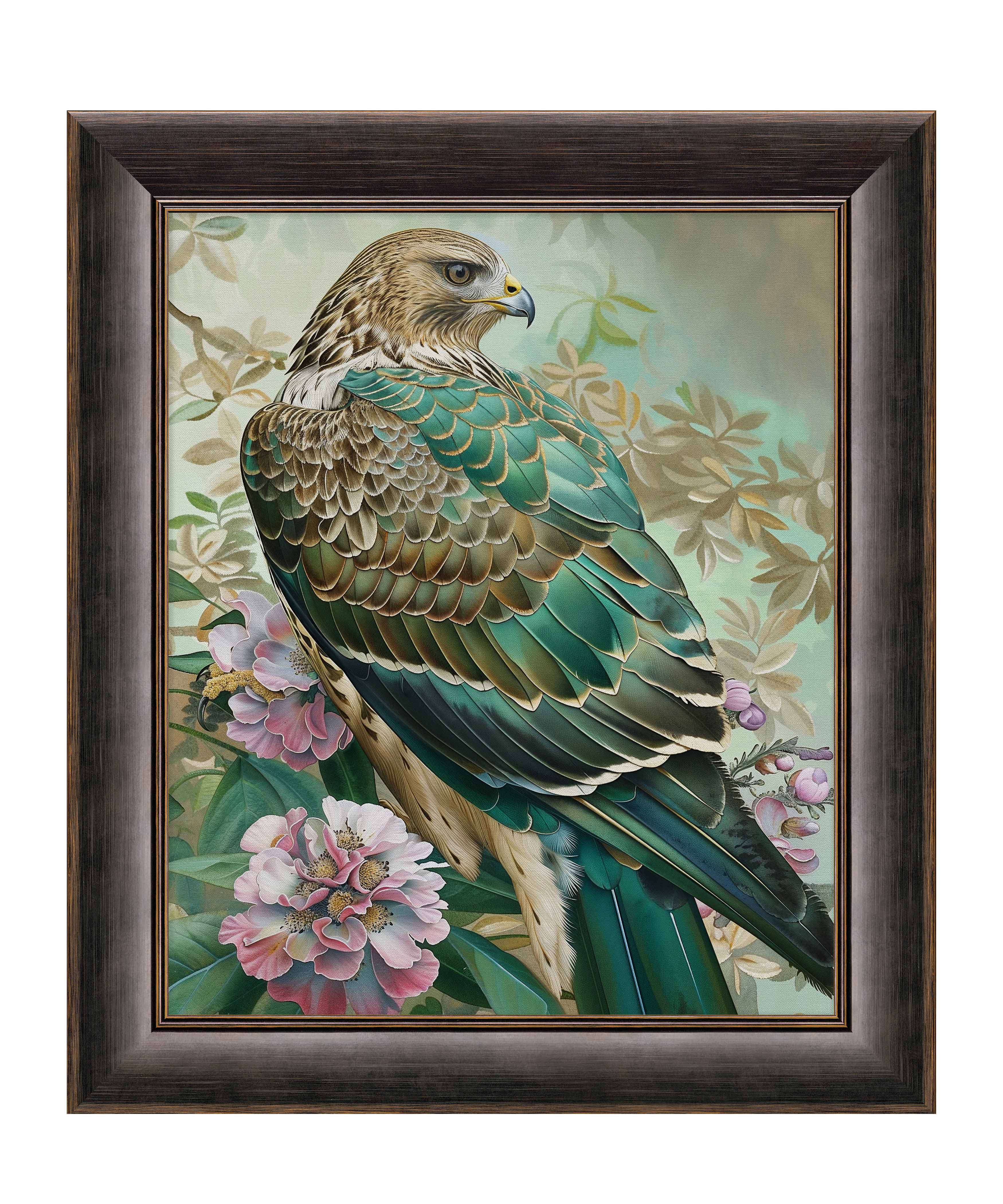 Emerald Majesty Hawk Amidst Blossoms Limited Edition Canvas Wall Art - Nature Inspired Home Decor for Living Room, Bedroom & Office