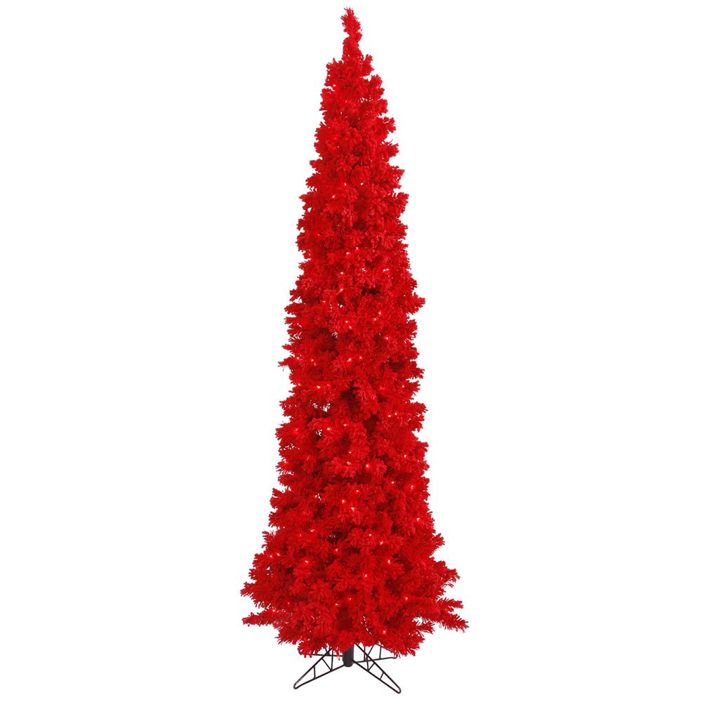 Vickerman 55-Inch Flocked Red Pencil Artificial Christmas Tree with 150 LED Red Lights - Perfect for Holiday Decor, Small Spaces & Festive Home Staging