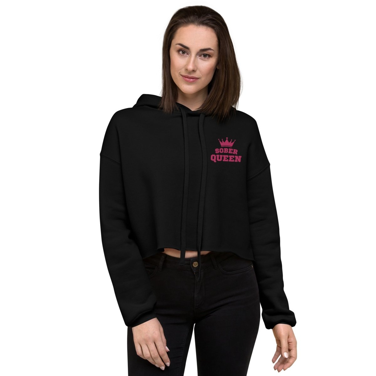 Sober Queen Embroidered Crop Hoodie - Trendy Oversized Pullover Sweatshirt for Women | Perfect for Streetwear, Gym & Casual Outfits