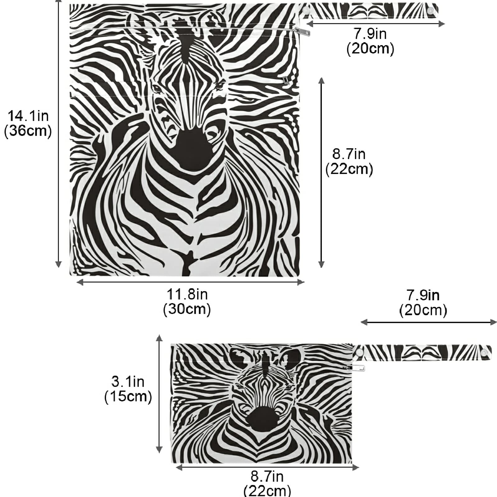 Visesunny 2-Pack Zebra Print Wet Bags with Zipper Pockets - Reusable Washable Waterproof Storage for Diapers, Swimsuits & Gym Clothes - Perfect for Travel, Beach, Daycare, Stroller & Sports Activities