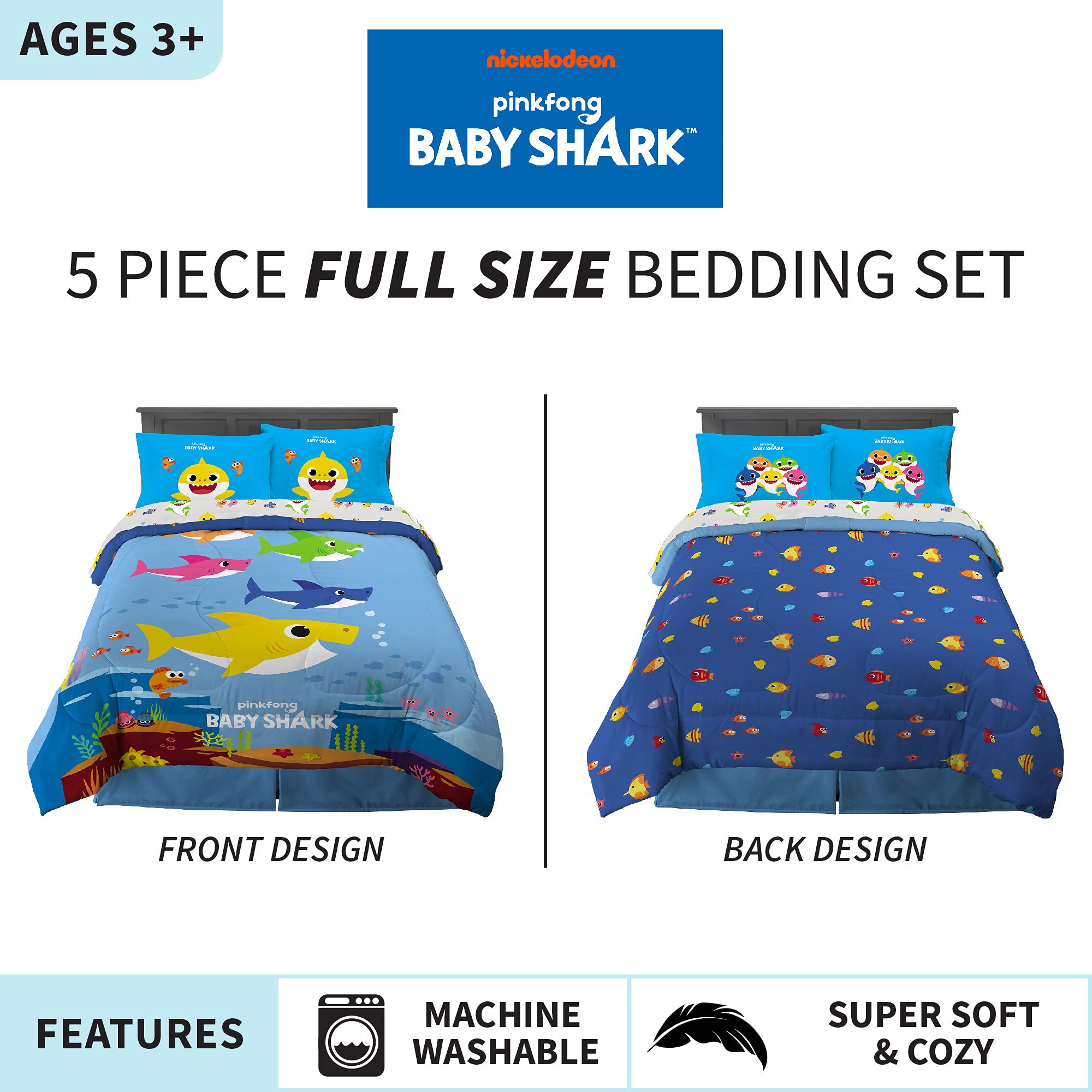 Franco Kids Bedding Set - Super Soft 5-Piece Full Size Comforter & Sheet Set with Baby Shark Design | Perfect for Toddler Beds, Nursery Decor & Shark-Themed Bedrooms