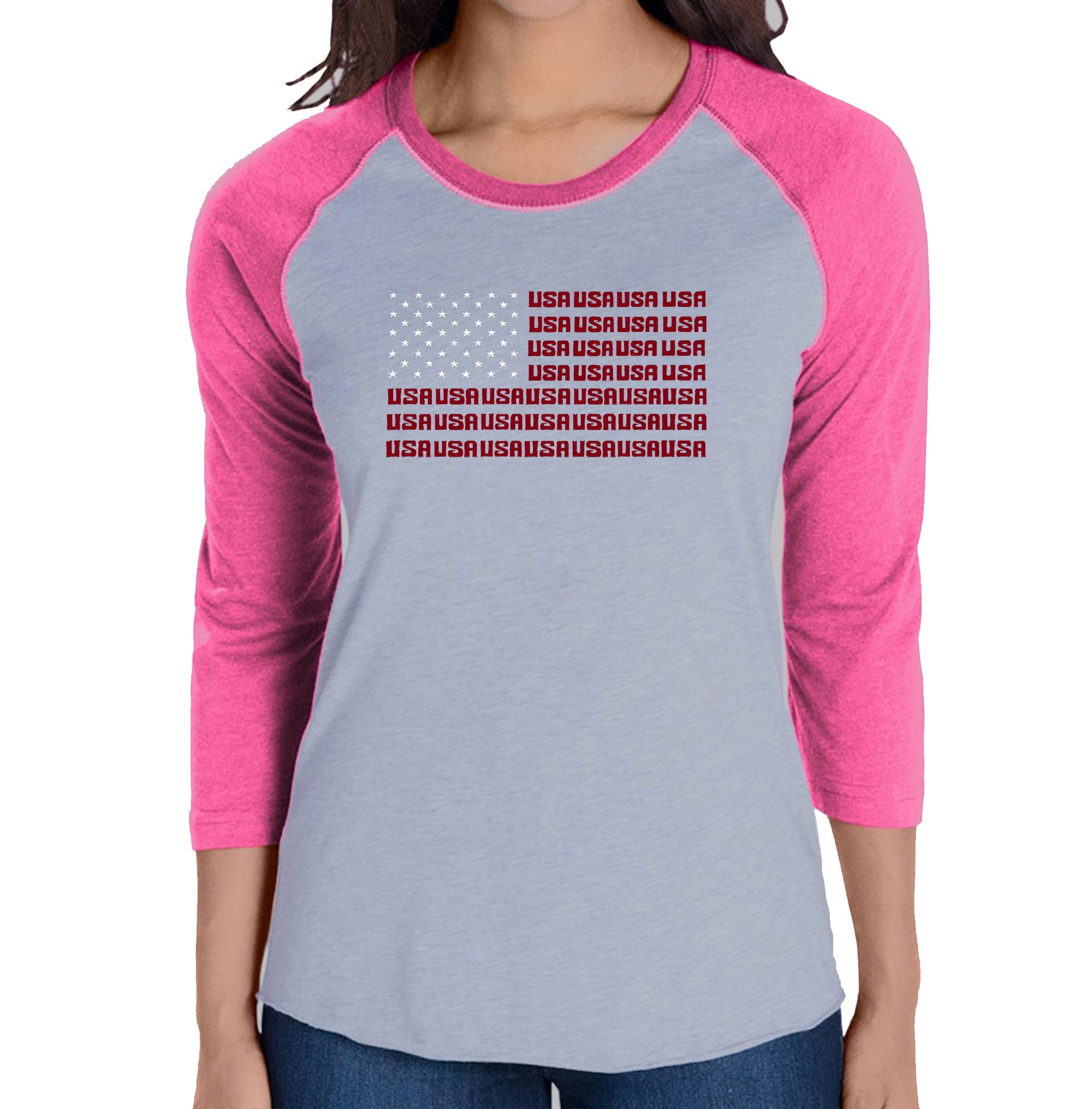 LA POP ART Women's Raglan Baseball Tee - Patriotic USA Flag Graphic T-Shirt | Casual Streetwear & 4th of July Outfit