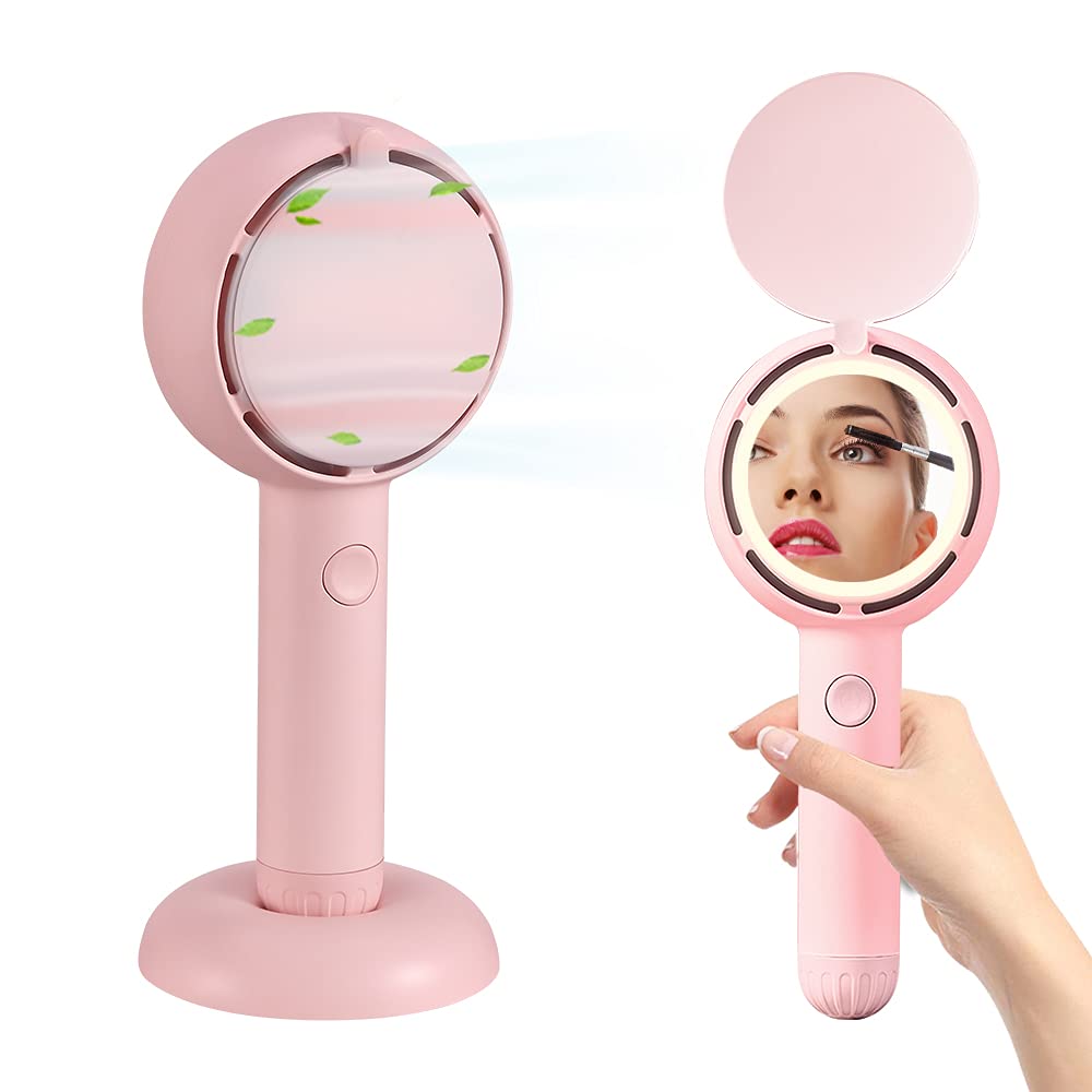 Star Compass Portable Handheld Fan - Bladeless Rechargeable Personal Fan with LED Makeup Mirror, 3 Speed Settings, Battery Operated Mini Fan for Women & Girls - Perfect for Outdoor Travel, Makeup Touchups & Summer Cooling (Pink)