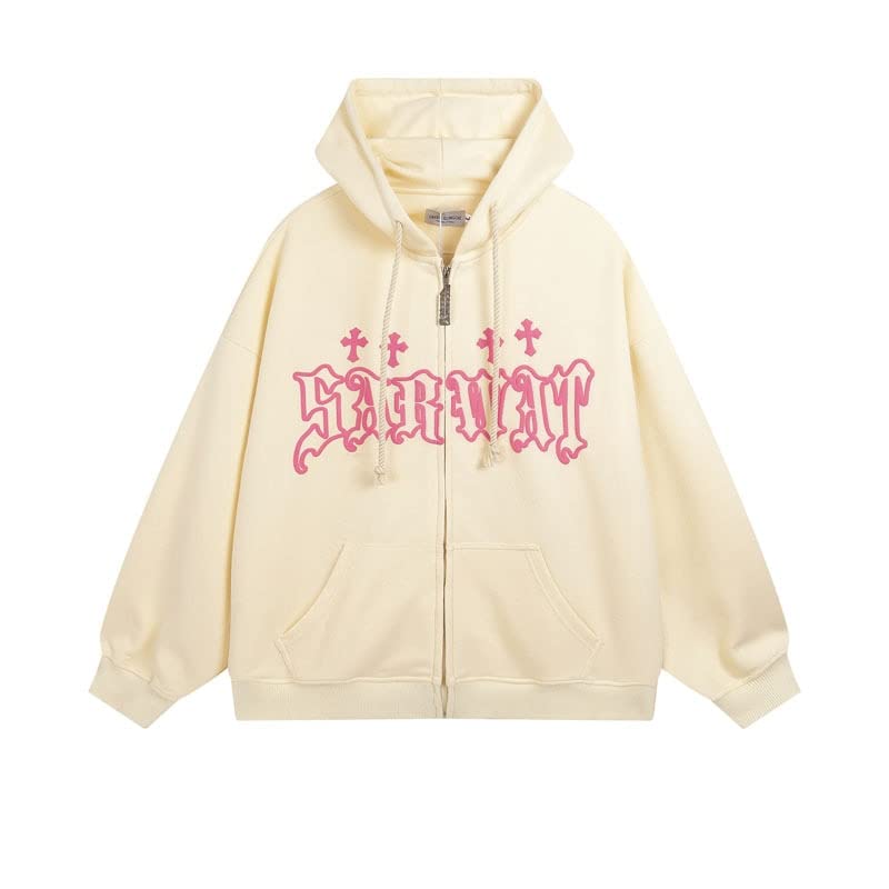 Goth Embroidery Hoodie for Women - High Street Harajuku Retro Hip Hop Zip Up Sweatshirt | Loose Fit Y2K Style Hoodie for Streetwear & Casual Fashion