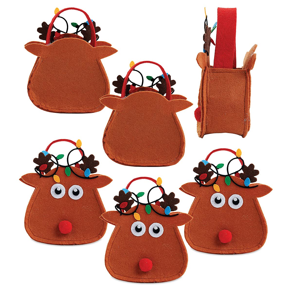 6-Pack Reindeer Felt Christmas Treat Bags for Kids - 5.25