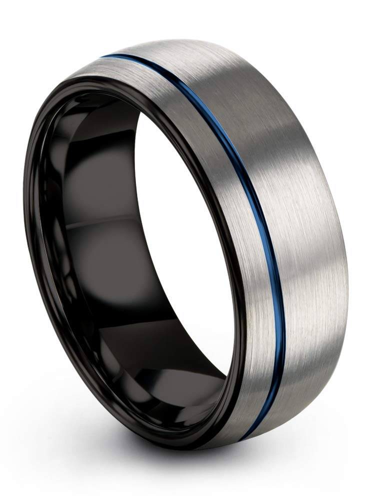 8mm Tungsten Carbide Wedding Band Ring for Men & Women - Blue Black Offset Line, Dome Grey Exterior, Brushed & Polished Finish - Custom Engraved Anniversary & Engagement Ring - Perfect for Weddings, Proposals & Special Occasions