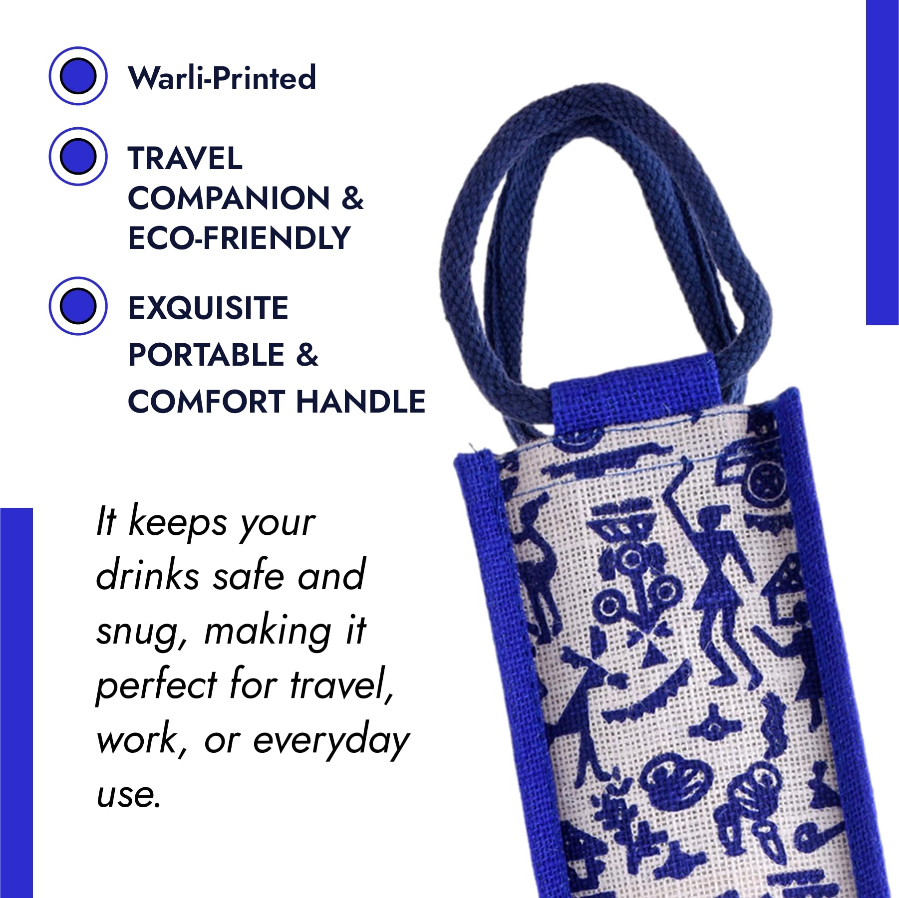 Kuber Industries Reusable Jute Bottle Bag with Handle - Eco-Friendly Wine & Water Bottle Cover for Office, Picnic, Travel - Warli-Print Gift Set of 3 (Multi-Color)
