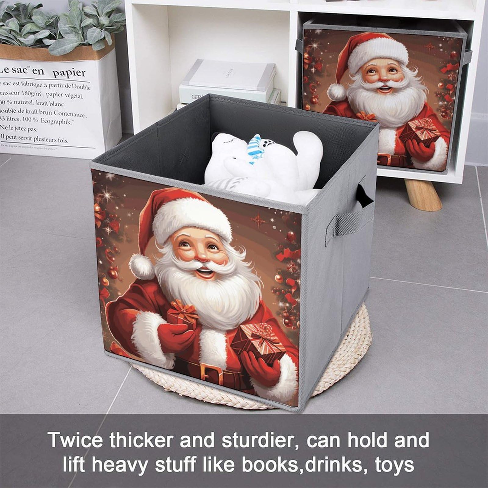 6-Piece Collapsible Christmas Storage Bins with Handles - Santa Claus Printed Foldable Storage Boxes for Holiday Organizing, Home Decor & Gift Giving - Perfect for Shelves, Closets & Party Supplies