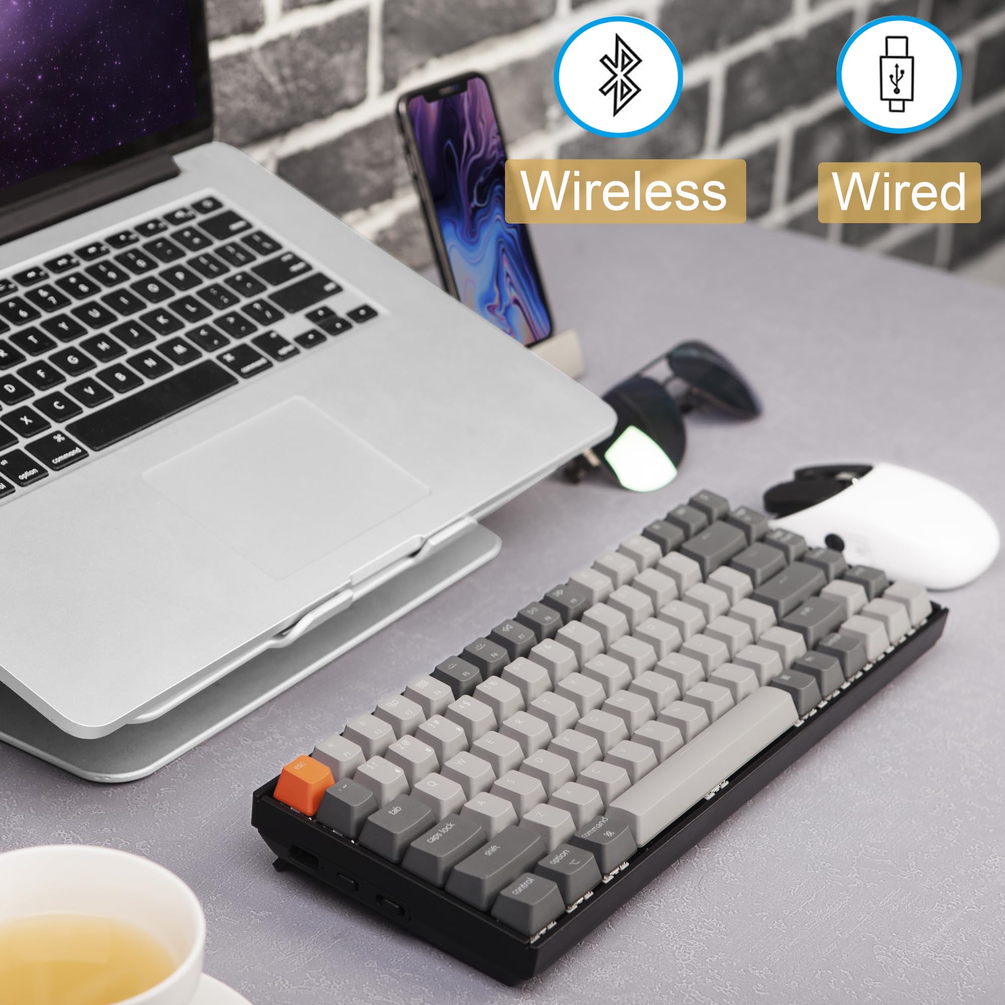 Keychron K2 Wireless Bluetooth/USB Wired 84-Key Compact Mechanical Gaming Keyboard - Gateron G Pro Brown Switches, White LED Backlight, N-Key Rollover for Mac & Windows (Plastic Frame, Version 2) - Perfect for Office Work, Gaming & Programming