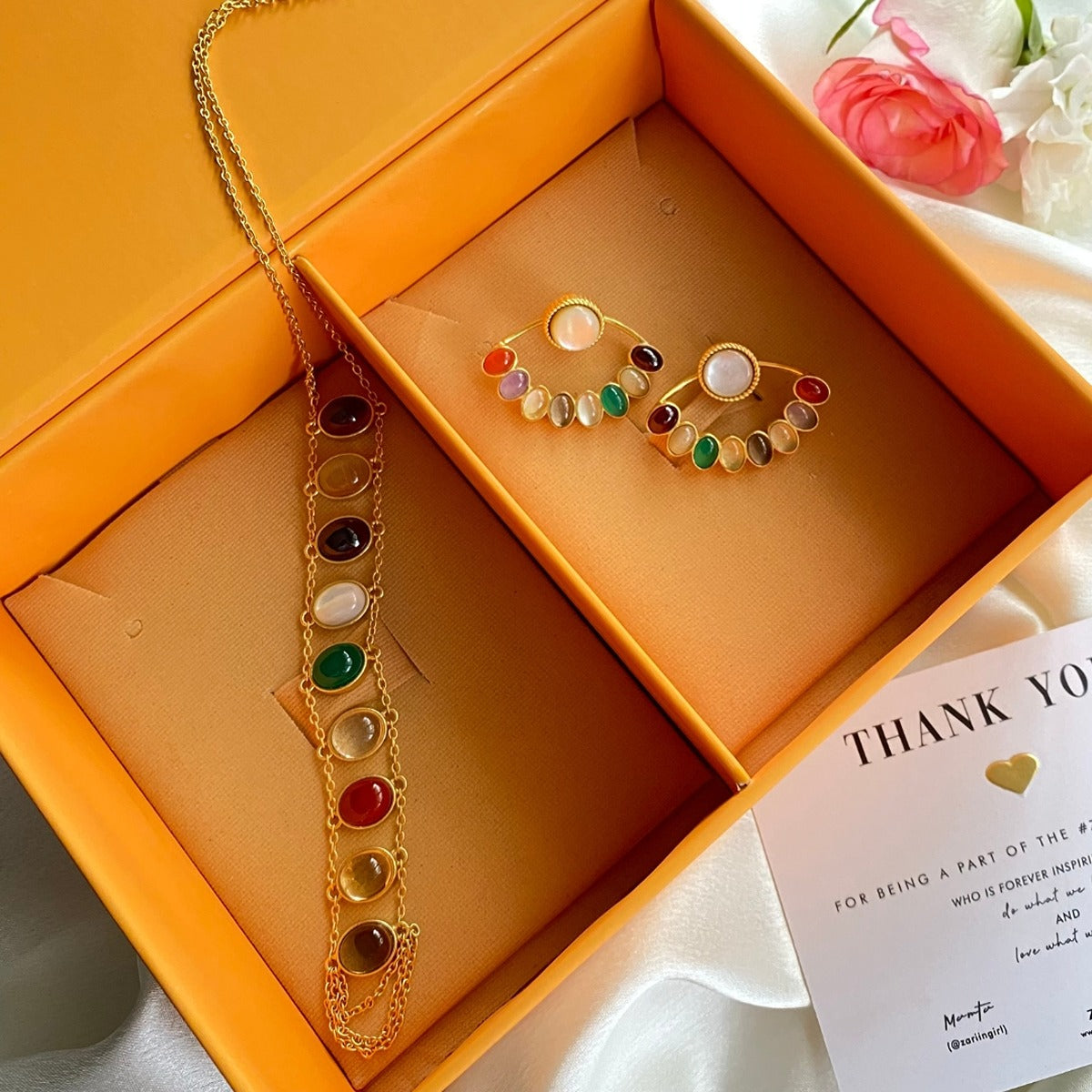 Navratan Gemstone Lariat Necklace and Stud Earrings Set for Women - Elegant Indian Jewelry for Weddings, Parties & Special Occasions